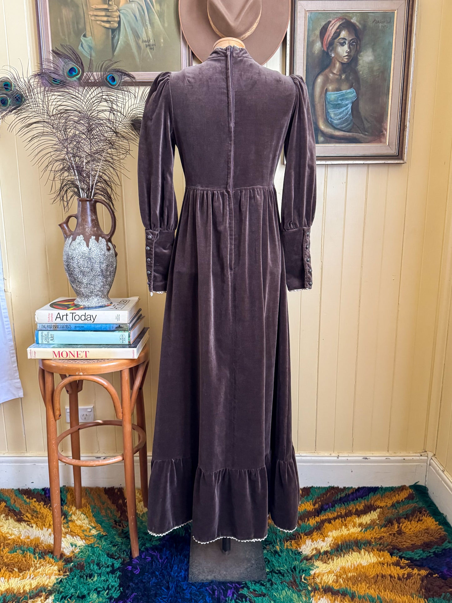 VINTAGE 1970S BINDI OF MELBOURNE COTTON VELVET MAXI VICTORIANA PRAIRIE DRESS XS/S