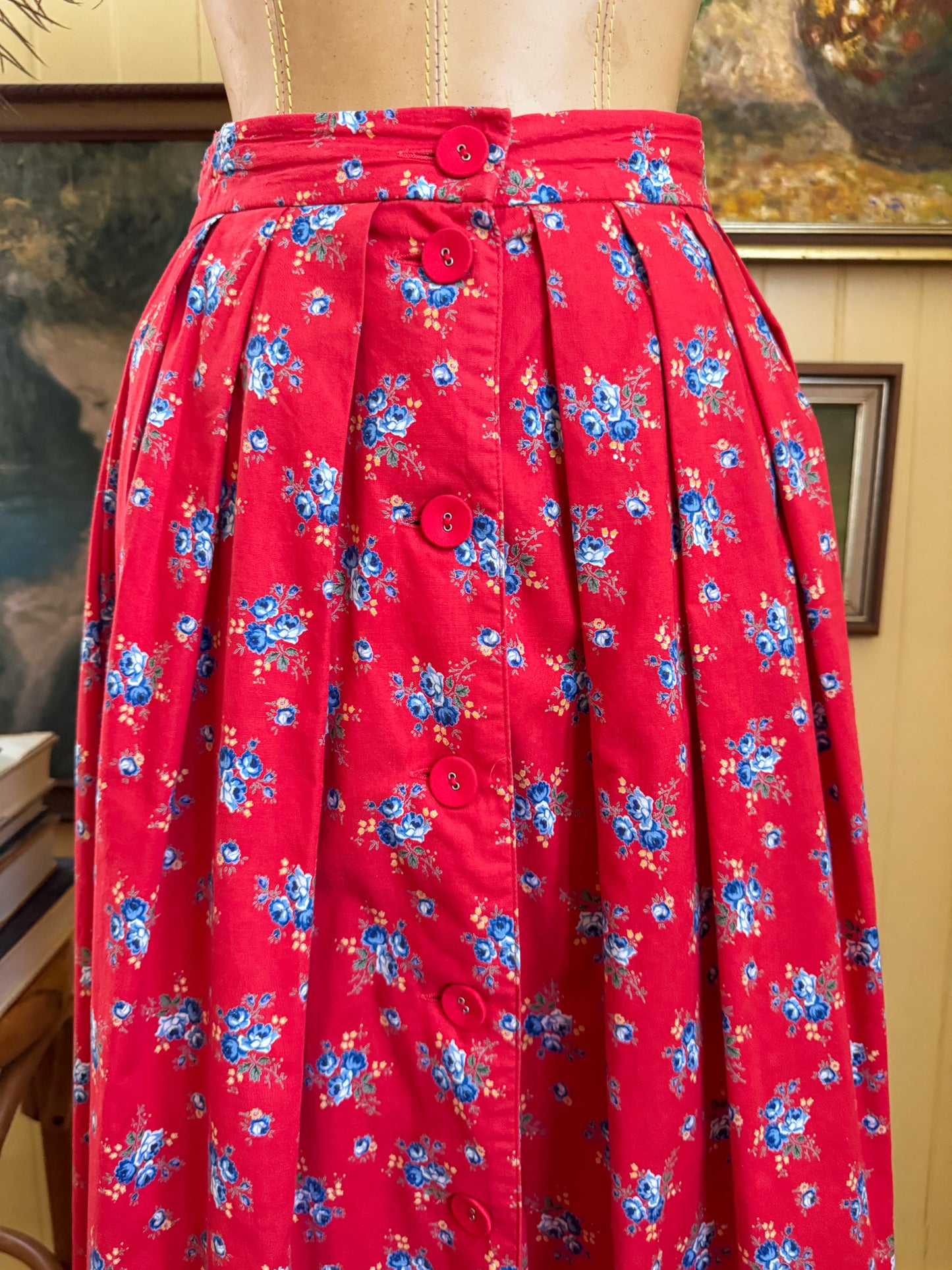 VINTAGE 1970S AUSTRIAN COTTON FLORAL PRINT RUFFLE LACE TRIM MIDI PEASANT SKIRT M