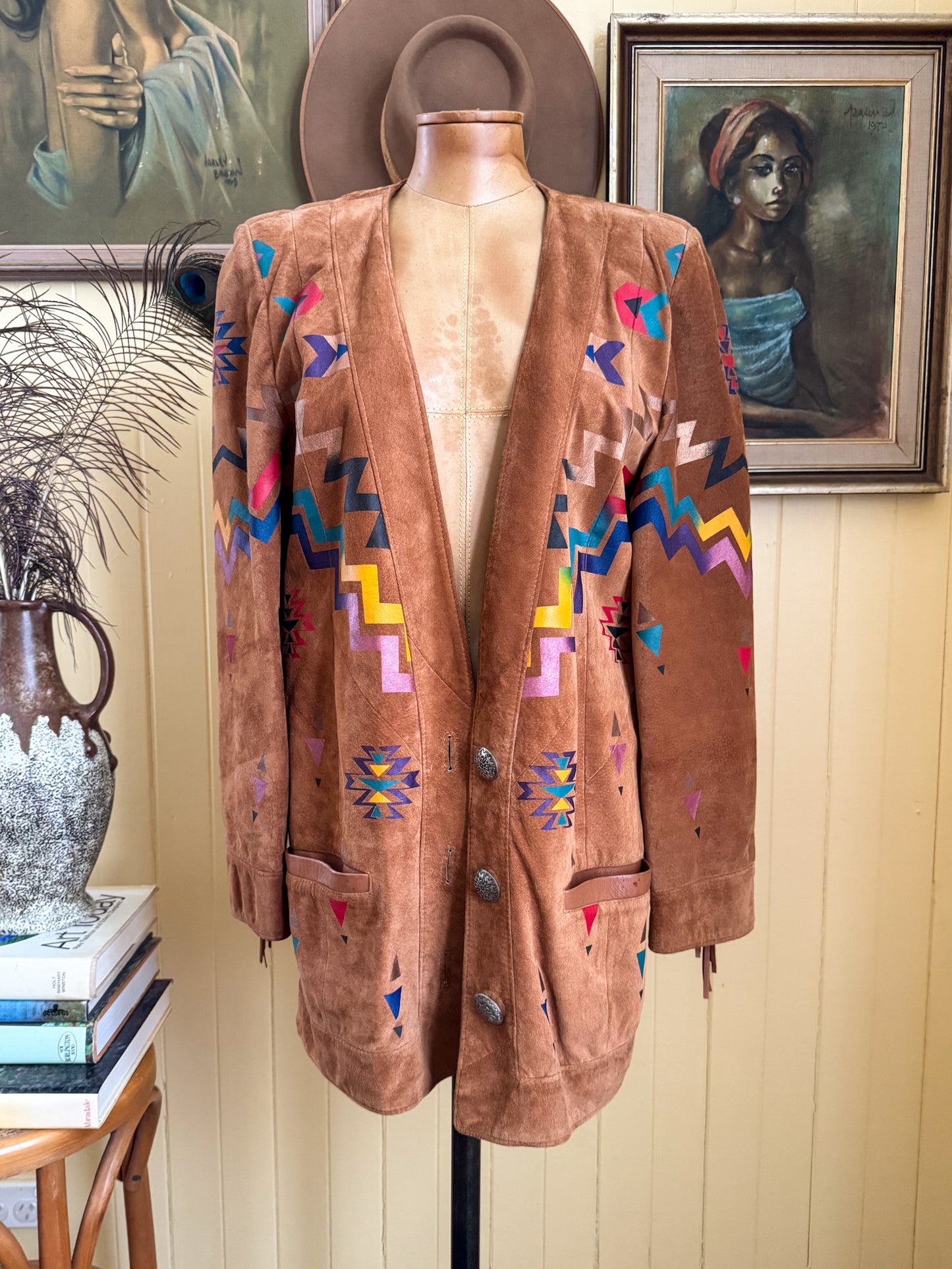 VINTAGE 1980S PANACHE SUEDE FRINGED PAINTED WESTERN JACKET S/M
