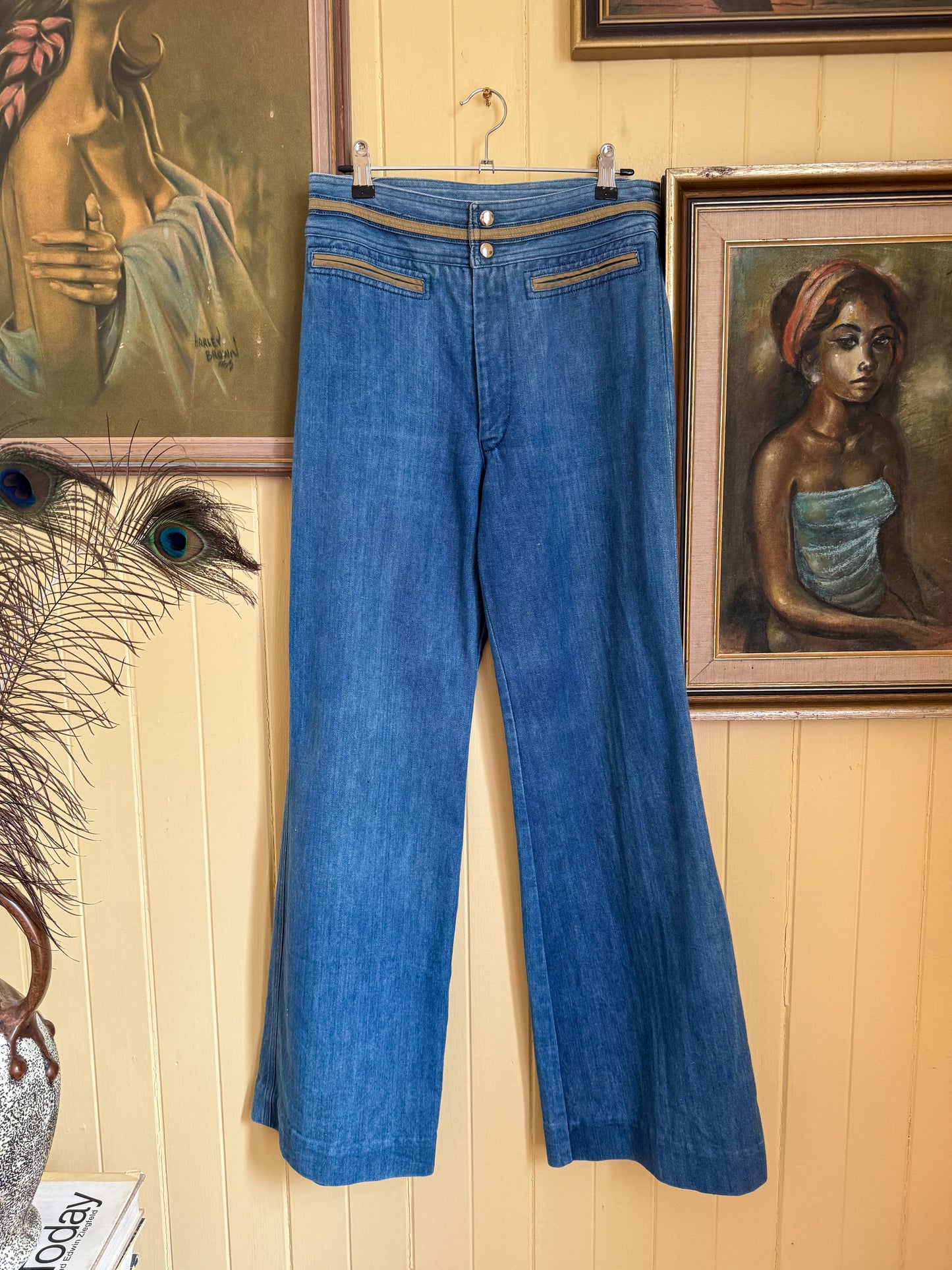 VINTAGE 1970S GTI GRIT HIGH WAIST WIDE LEG FLARED DENIM JEANS S/M