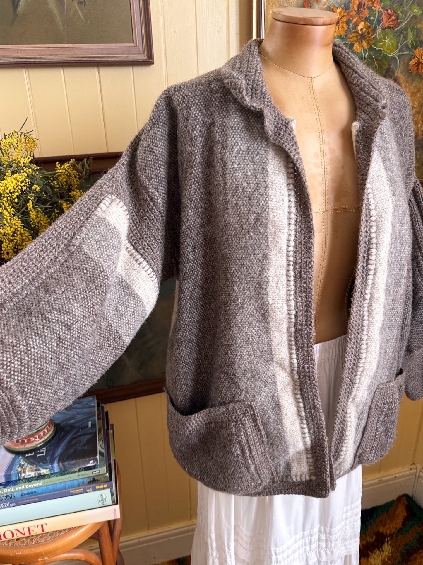 VINTAGE 1980S NEW ZEALAND ESTHER SHERRIFF WOOL CROCHET KNIT CARDIGAN JACKET M/L