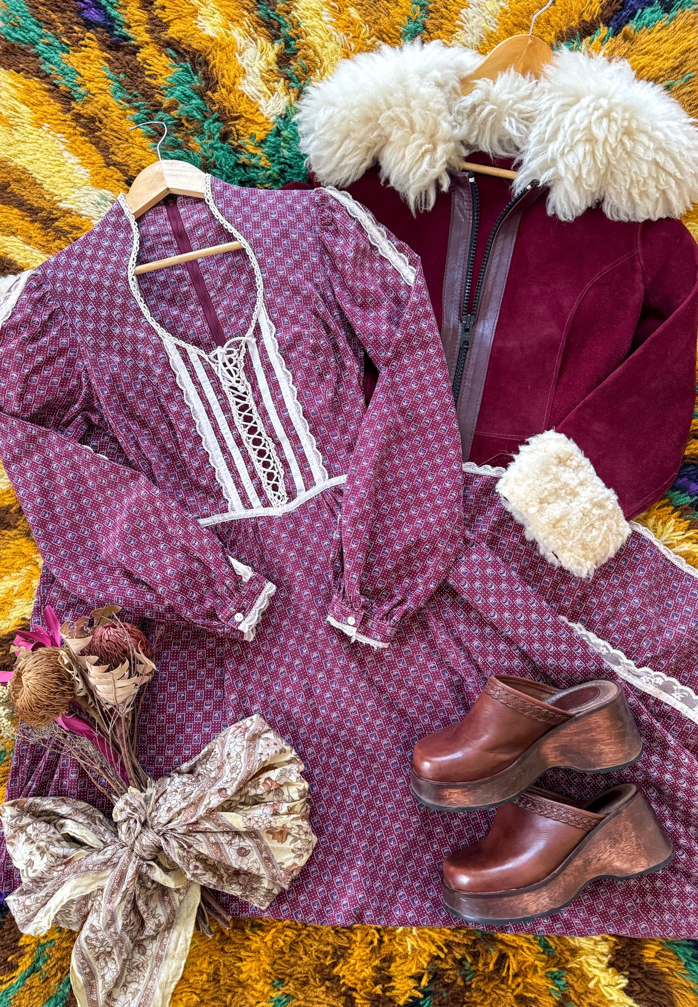 VINTAGE 1970S GUNNE SAX COTTON FLORAL PRINT LACE PRAIRIE MAXI DRESS S/M