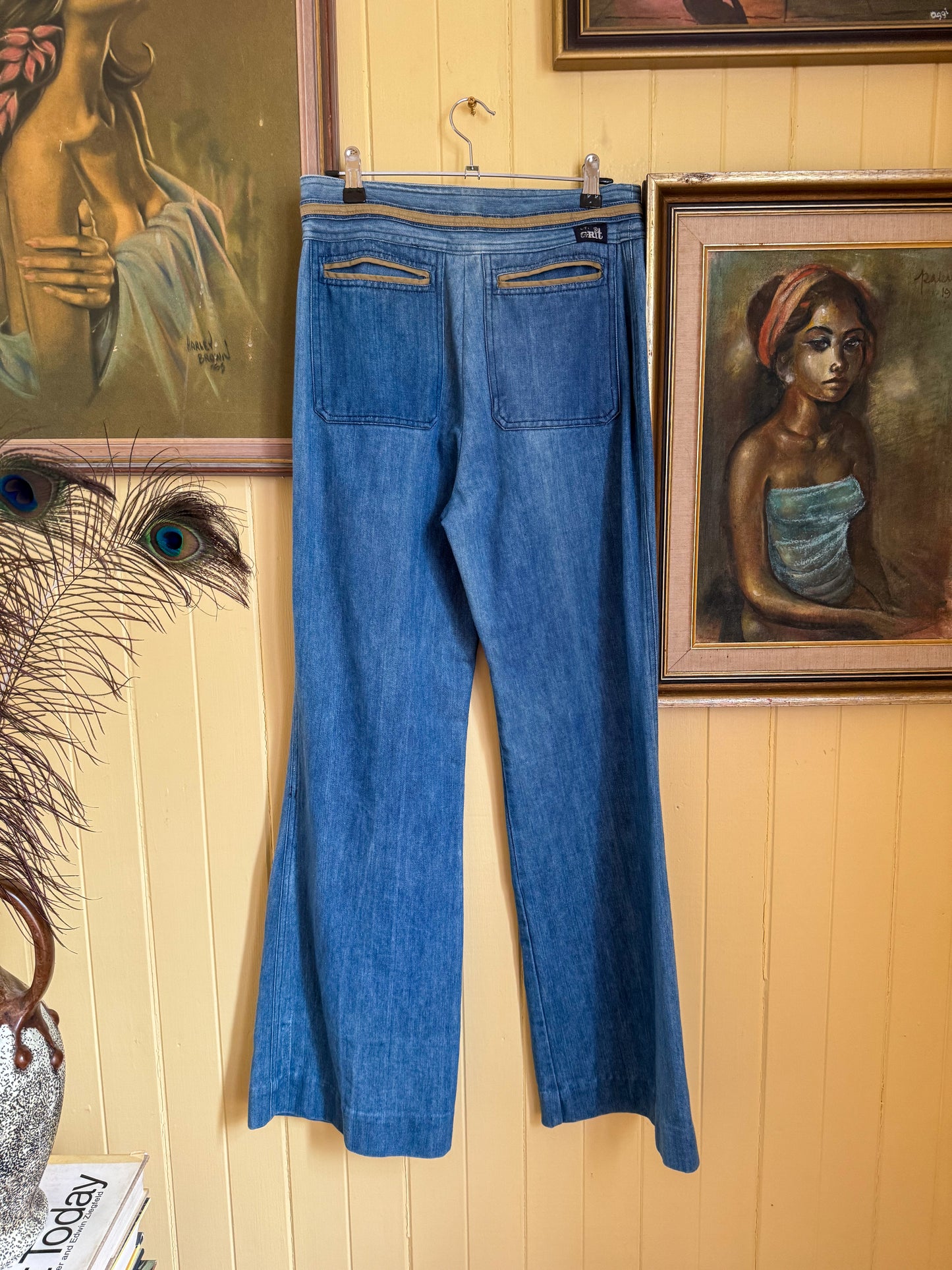 VINTAGE 1970S GTI GRIT HIGH WAIST WIDE LEG FLARED DENIM JEANS S/M