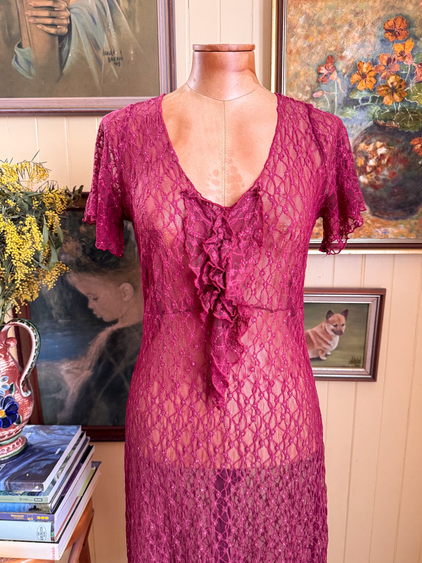 VINTAGE 1990S SARAH-JANE SHEER LACE RUFFLE STRETCH MIDI DRESS S/M