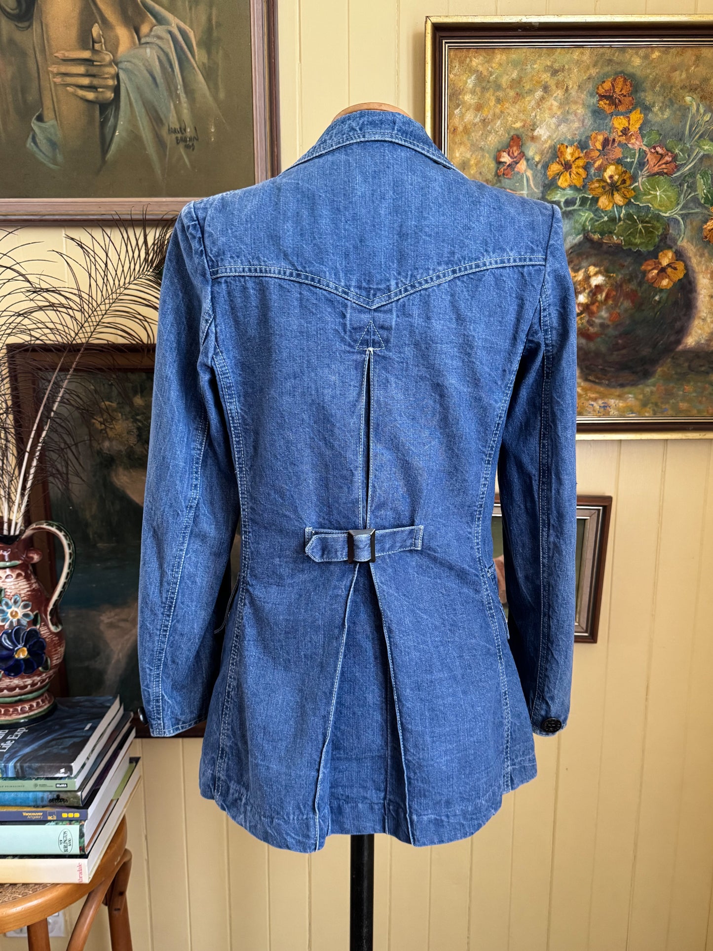 VINTAGE 1970S FADED GLORY COTTON DENIM FITTED BLAZER JACKET XS/S