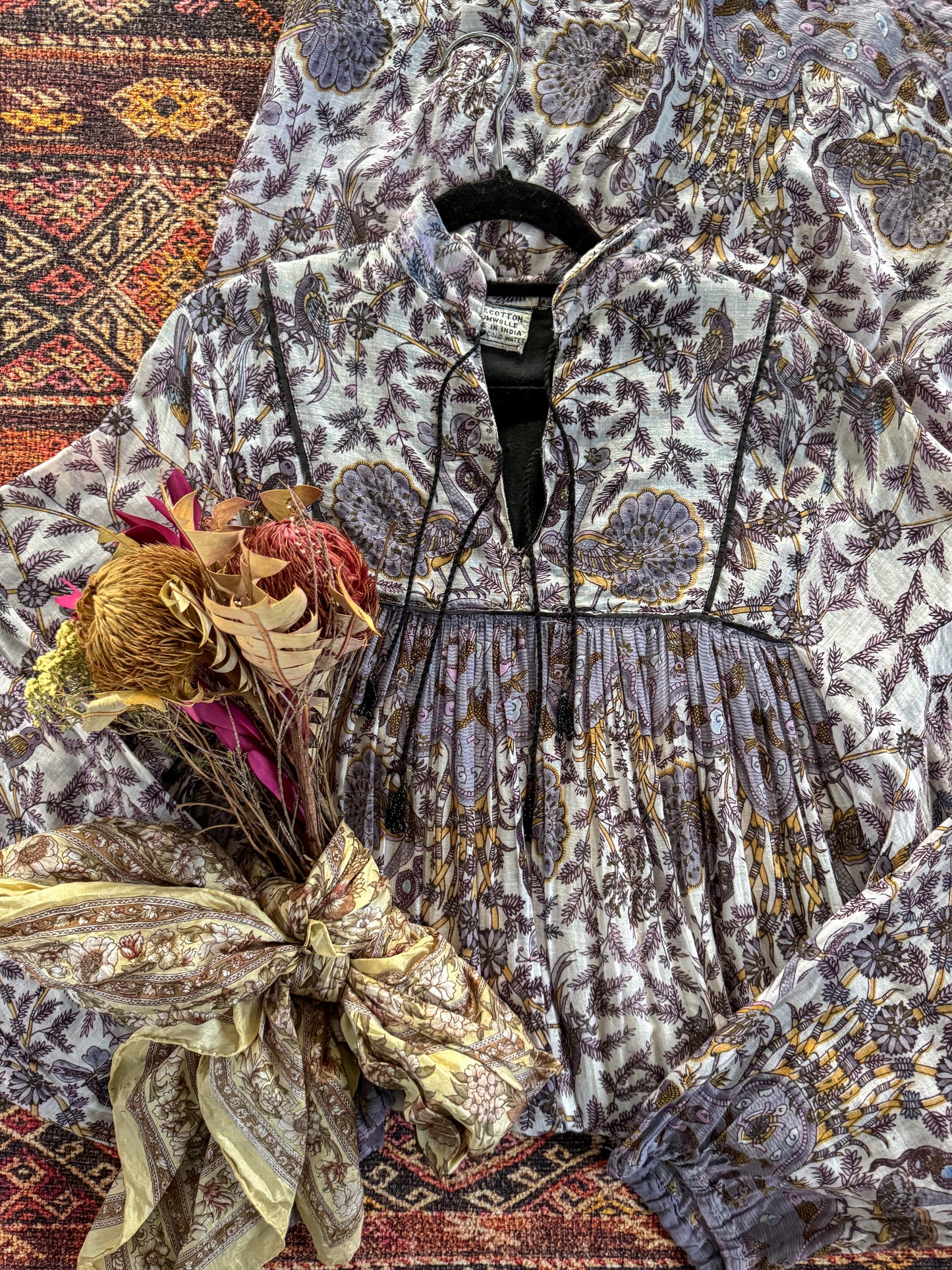 VINTAGE 1970S INDIAN COTTON GAUZE BLOCK PRINT MIDI DRESS S/M