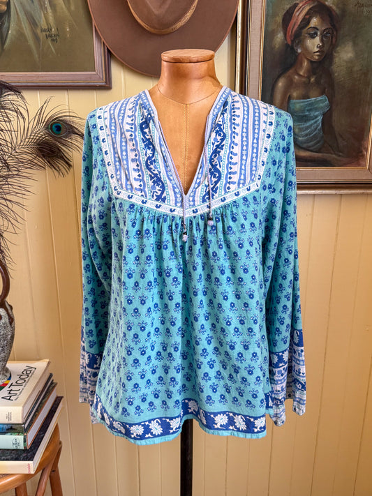 VINTAGE 1970S RADISHES & ROSES INDIAN COTTON BLOCK PRINT BLOUSE S