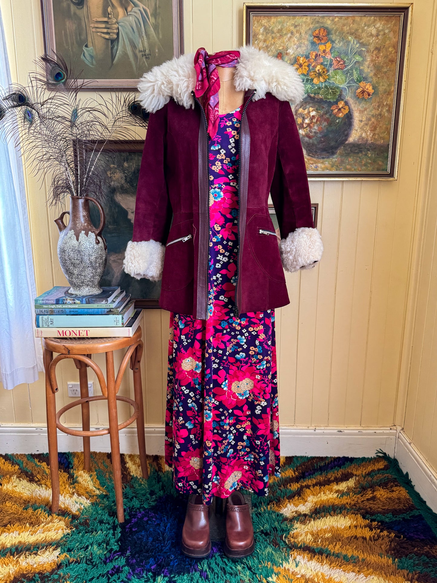 VINTAGE 1970S PLUM SUEDE LEATHER FLUFFY SHEARLING PENNY LANE JACKET S/M