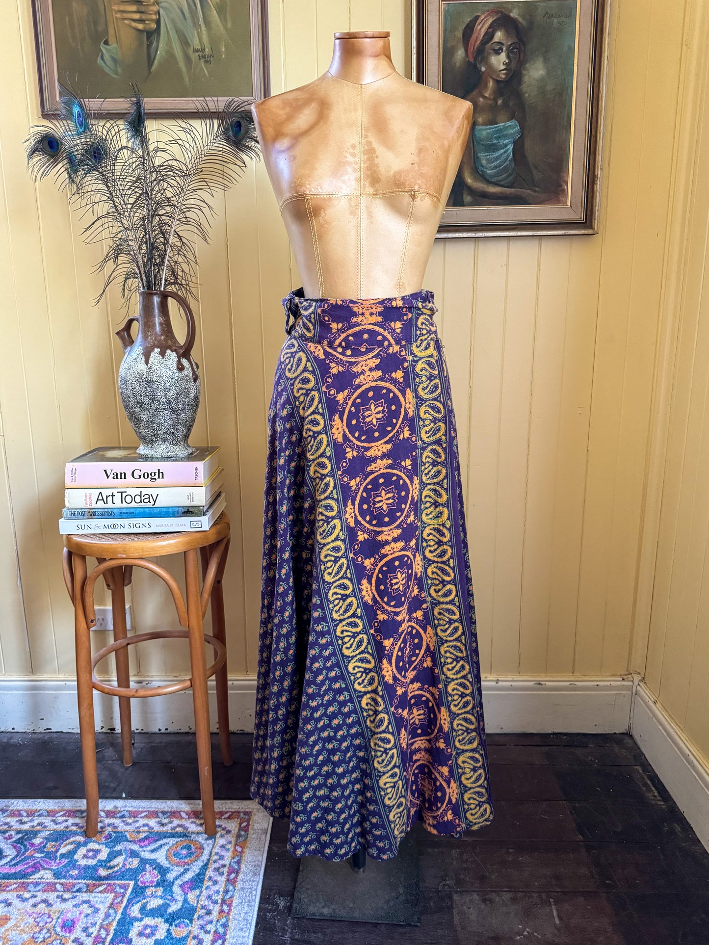 VINTAGE 1970S INDIAN COTTON BLOCK PRINT WRAP MAXI SKIRT S/M