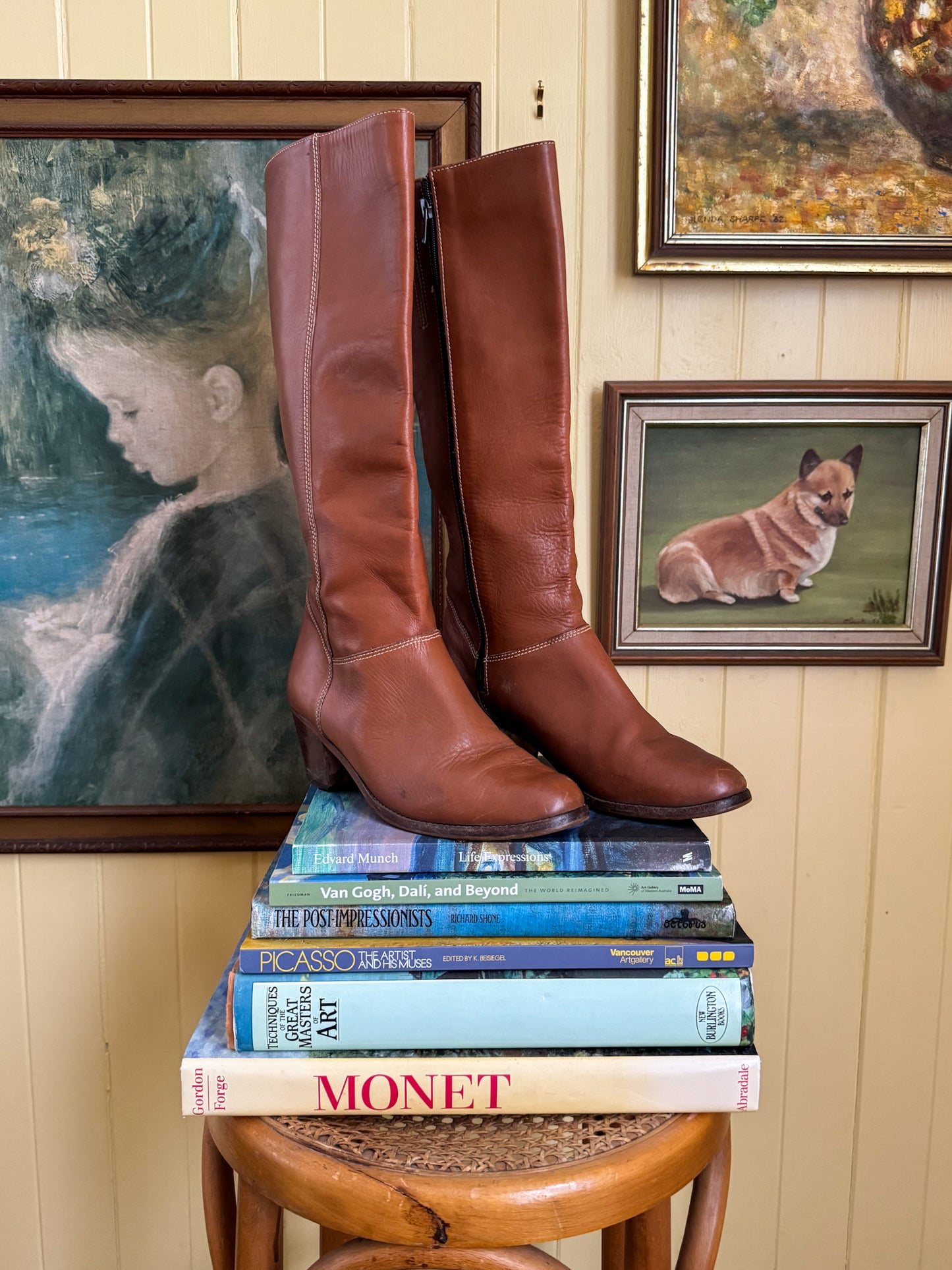 VINTAGE 1970S BRAZILIAN CARAMEL TAN LEATHER KNEE HIGH BOOTS 9/40