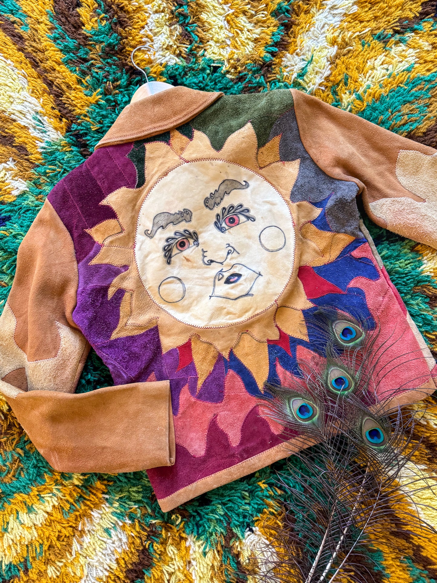 VINTAGE 1970S RARE BURRAY OLSON HAND PAINTED SUN PATCHWORK SUEDE LEATHER JACKET M