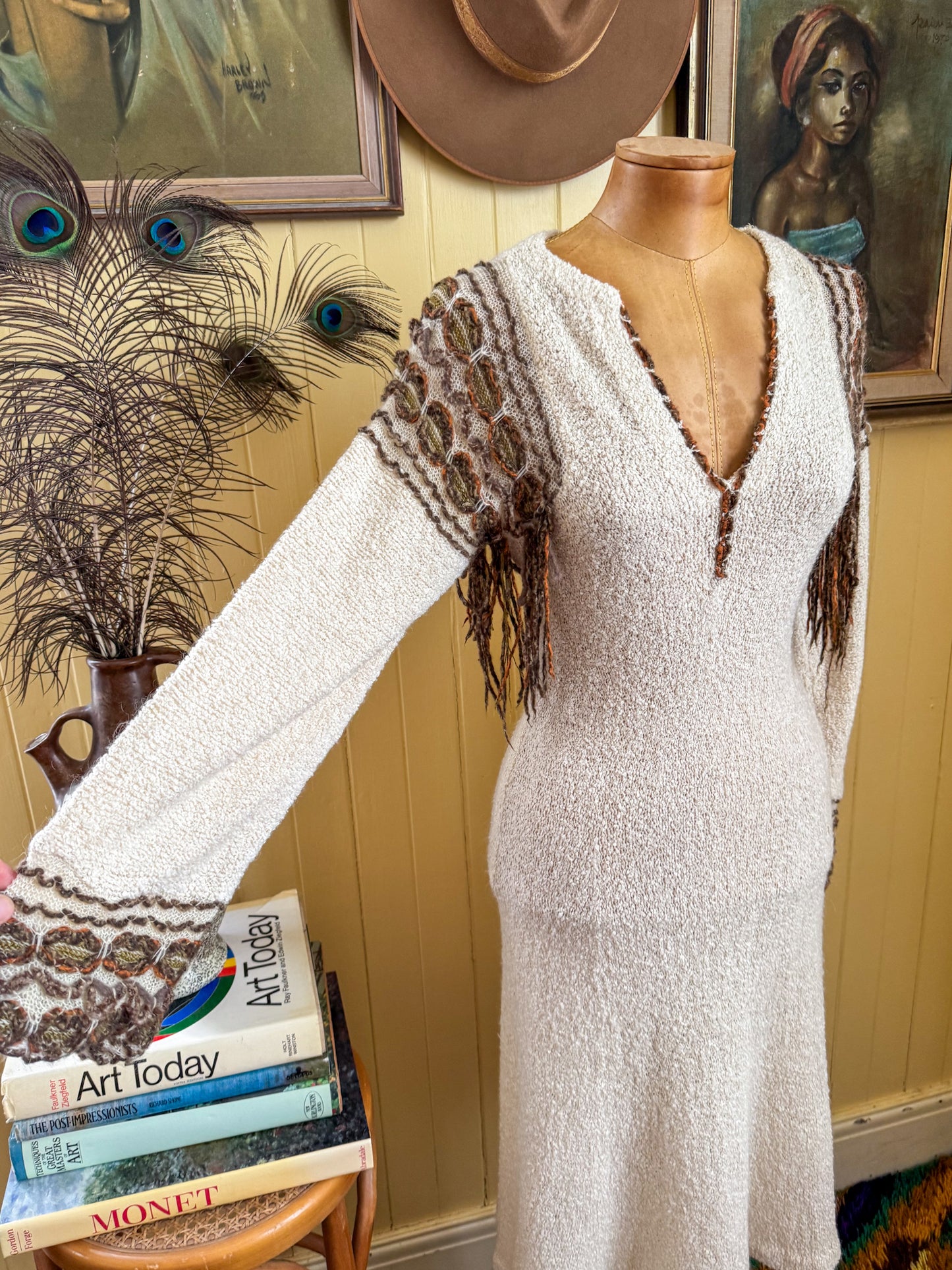 VINTAGE 1980S CROCHETTA OPEN WEAVE BOUCLE FRINGE KNIT MIDI DRESS S