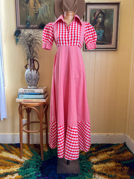 VINTAGE 1970S BINDI OF MELBOURNE COTTON GINGHAM MAXI PRAIRIE DRESS XS