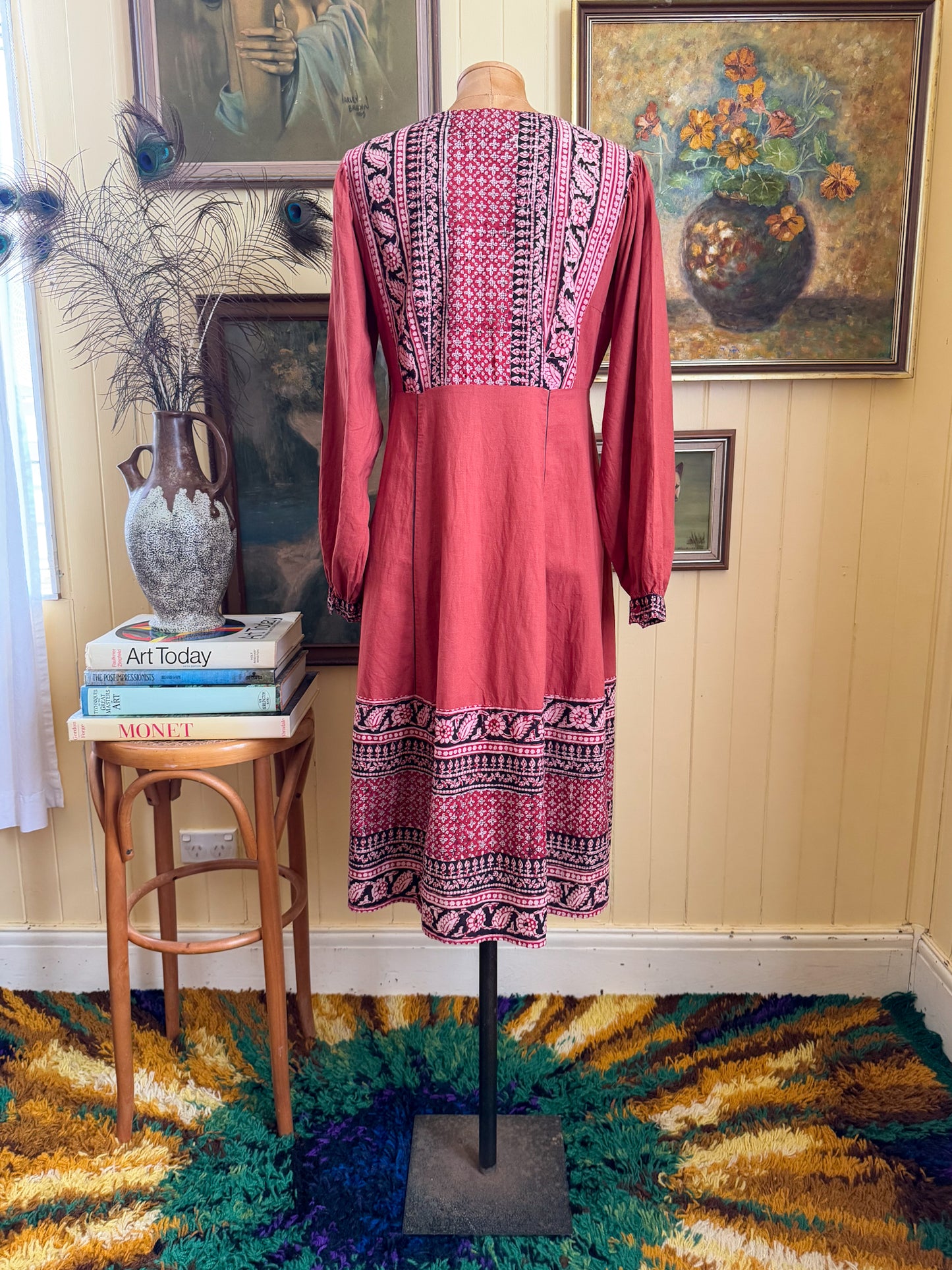 VINTAGE 1970S IMPORTIQUE INDIAN COTTON BLOCK PRINT MIDI SMOCK DRESS M