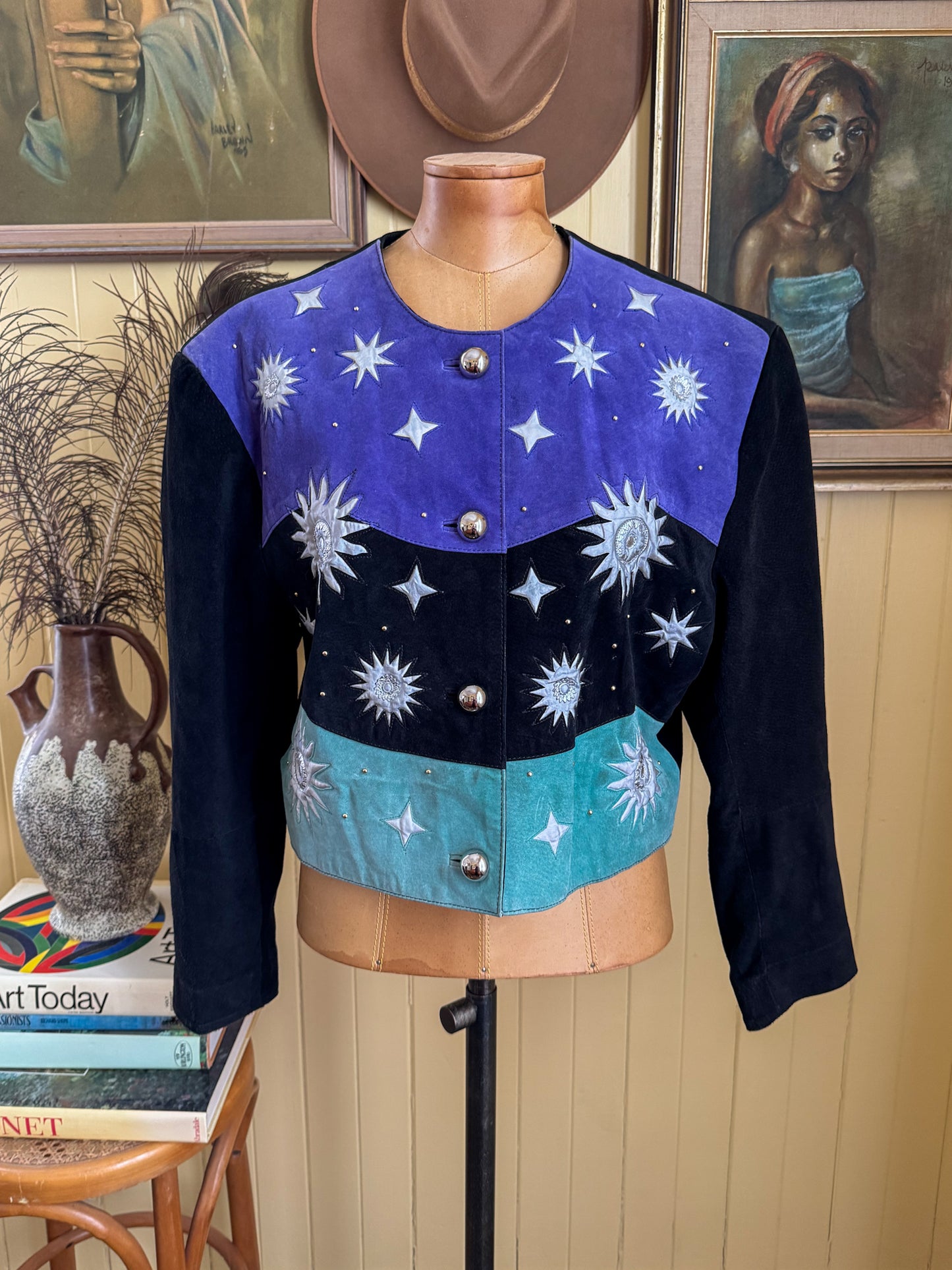 VINTAGE 1980S SUEDE LEATHER COLOUR BLOCK CELESTIAL CROPPED JACKET L