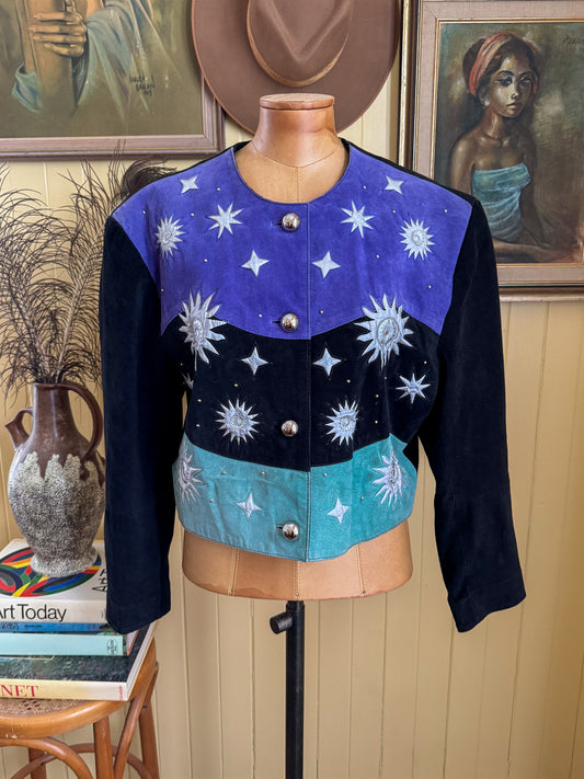 VINTAGE 1980S SUEDE LEATHER COLOUR BLOCK CELESTIAL CROPPED JACKET L
