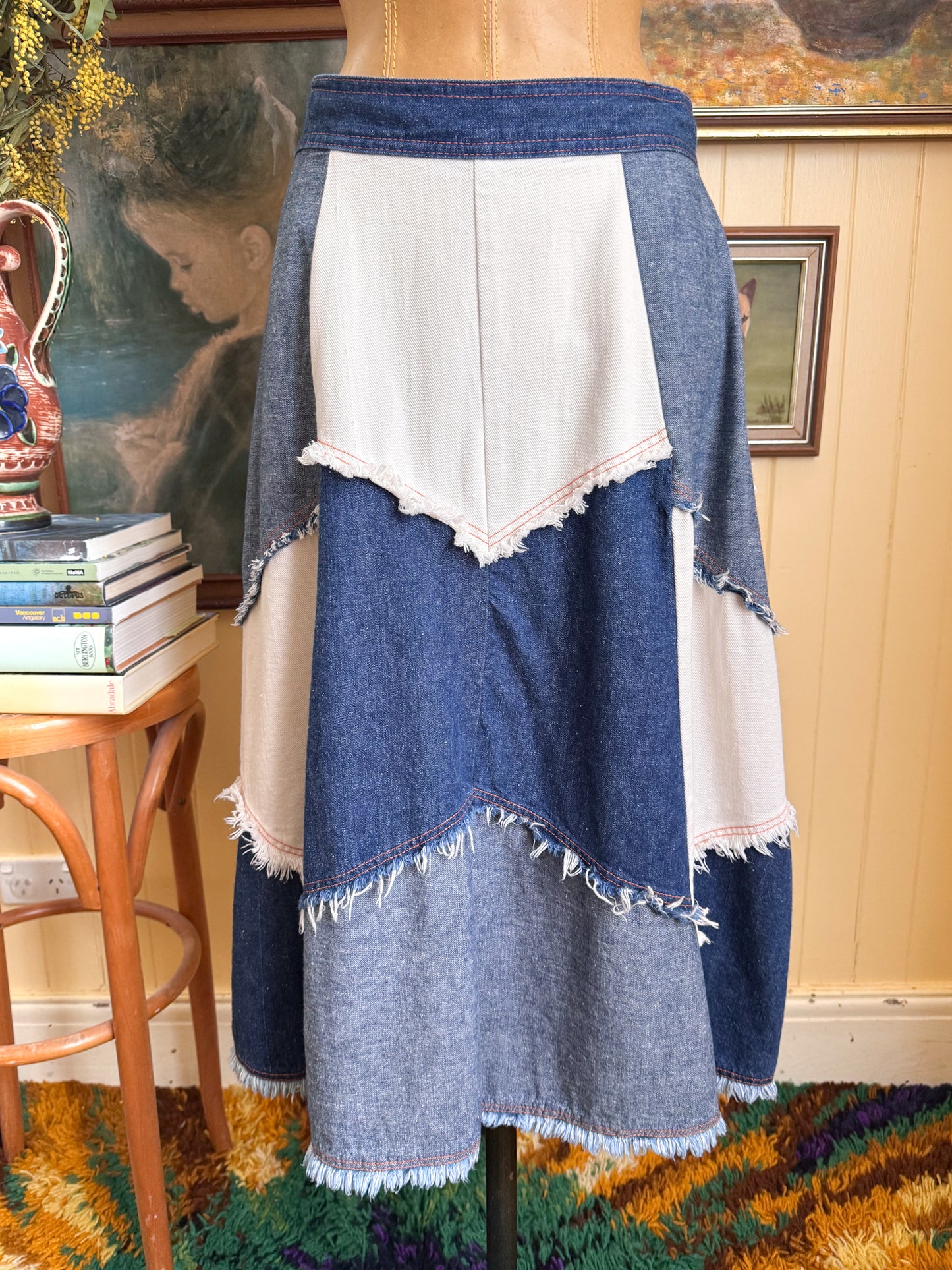 VINTAGE 1970S JC PENNEY COTTON DENIM PATCHWORK A-LINE MIDI SKIRT M