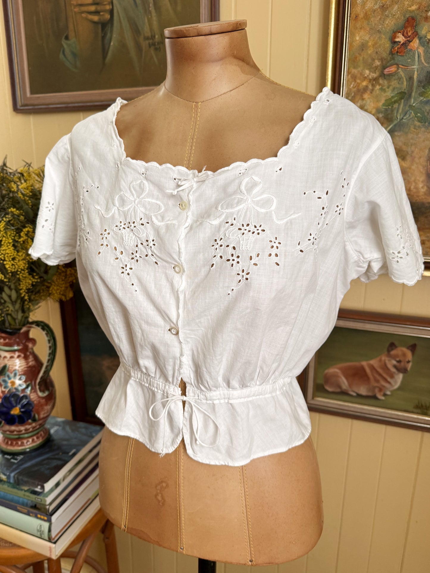 ANTIQUE EDWARDIAN COTTON MUSLIN EMBROIDERED CORSET COVER BLOUSE XS