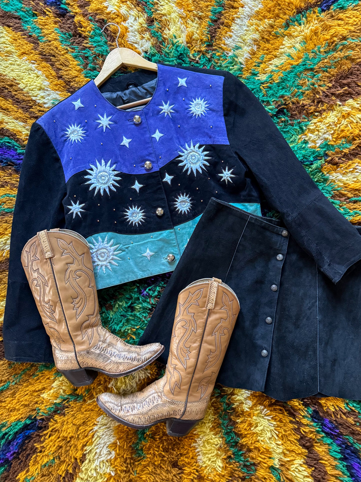 VINTAGE 1980S SUEDE LEATHER COLOUR BLOCK CELESTIAL CROPPED JACKET L