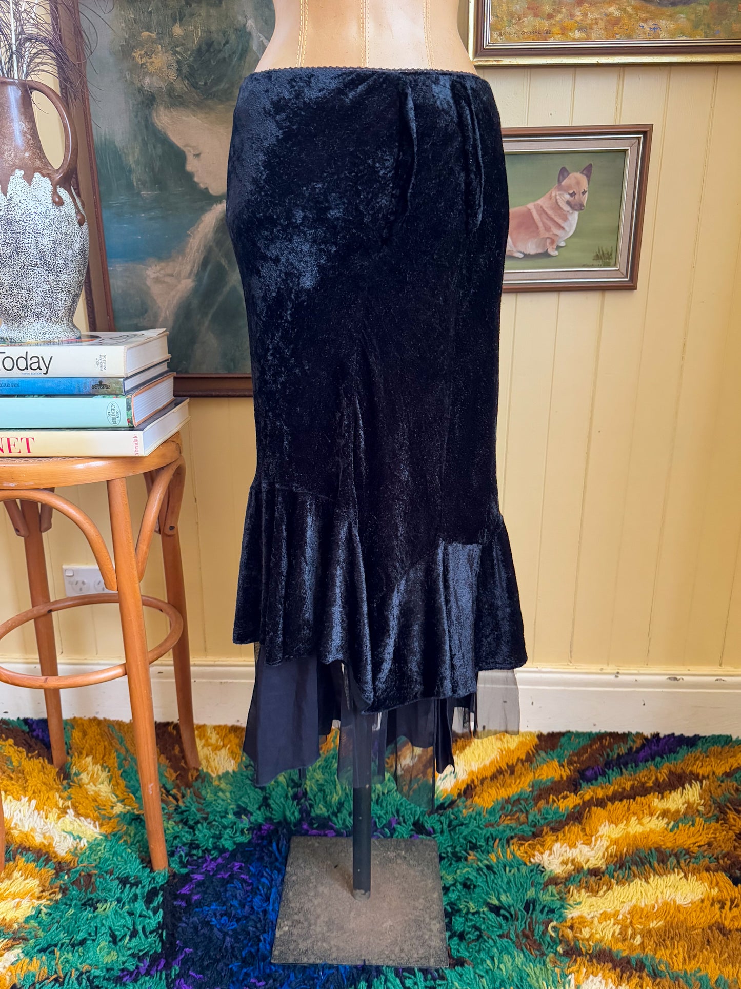 VINTAGE 1990S PEACE ANGEL INDIAN COTTON VELVET HANKY HEM MIDI SKIRT M