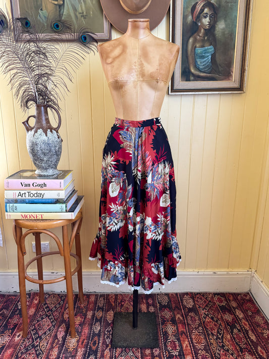 VINTAGE 1970S ARPEL POLYNOSIC RAYON FLORAL PRINT MIDI PRAIRIE SKIRT S