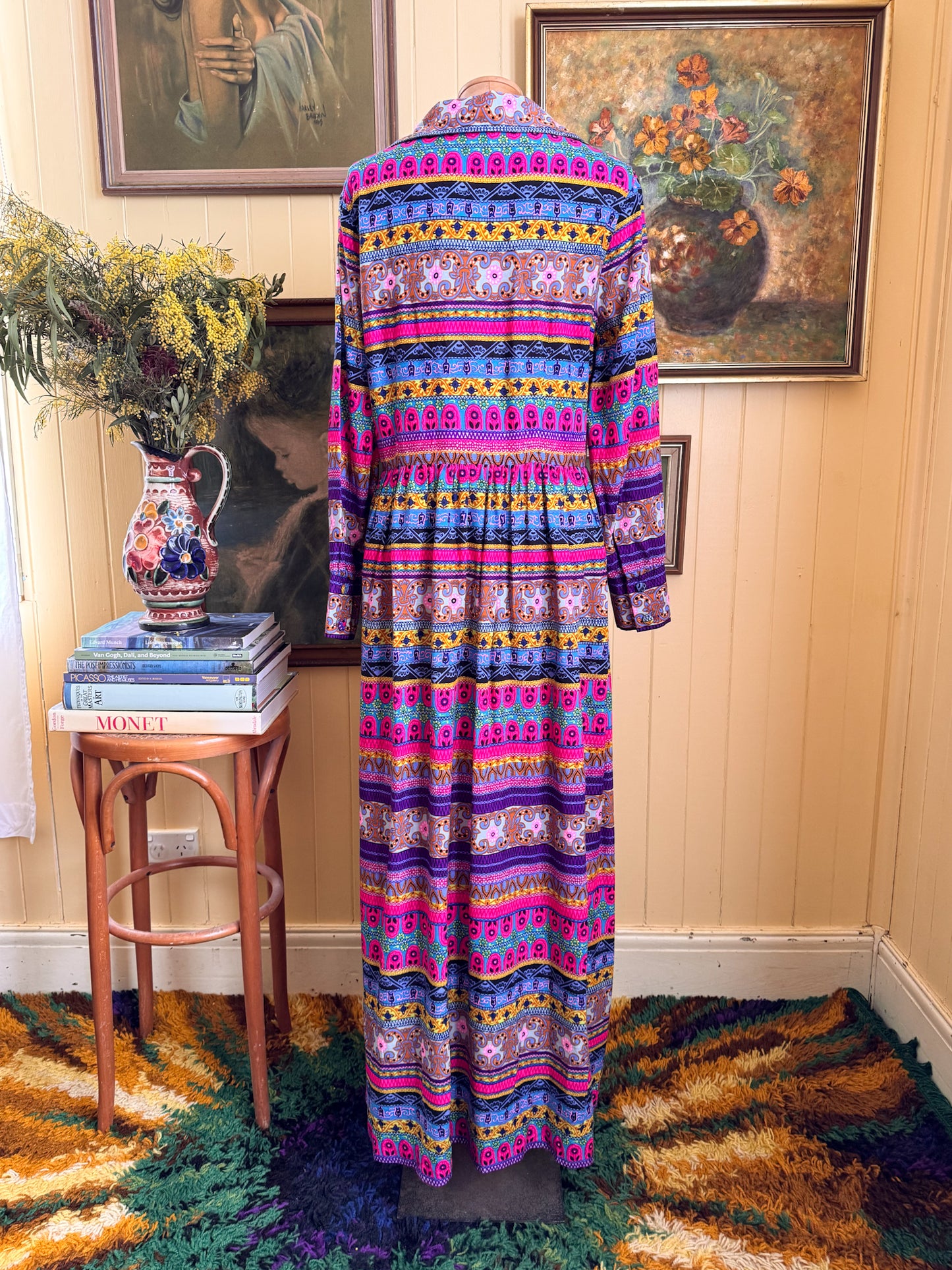 VINTAGE 1970S ALEX COLEMAN PSYCHEDELIC PRINT BUTTON THROUGH BELTED MAXI SHIRT DRESS M/L