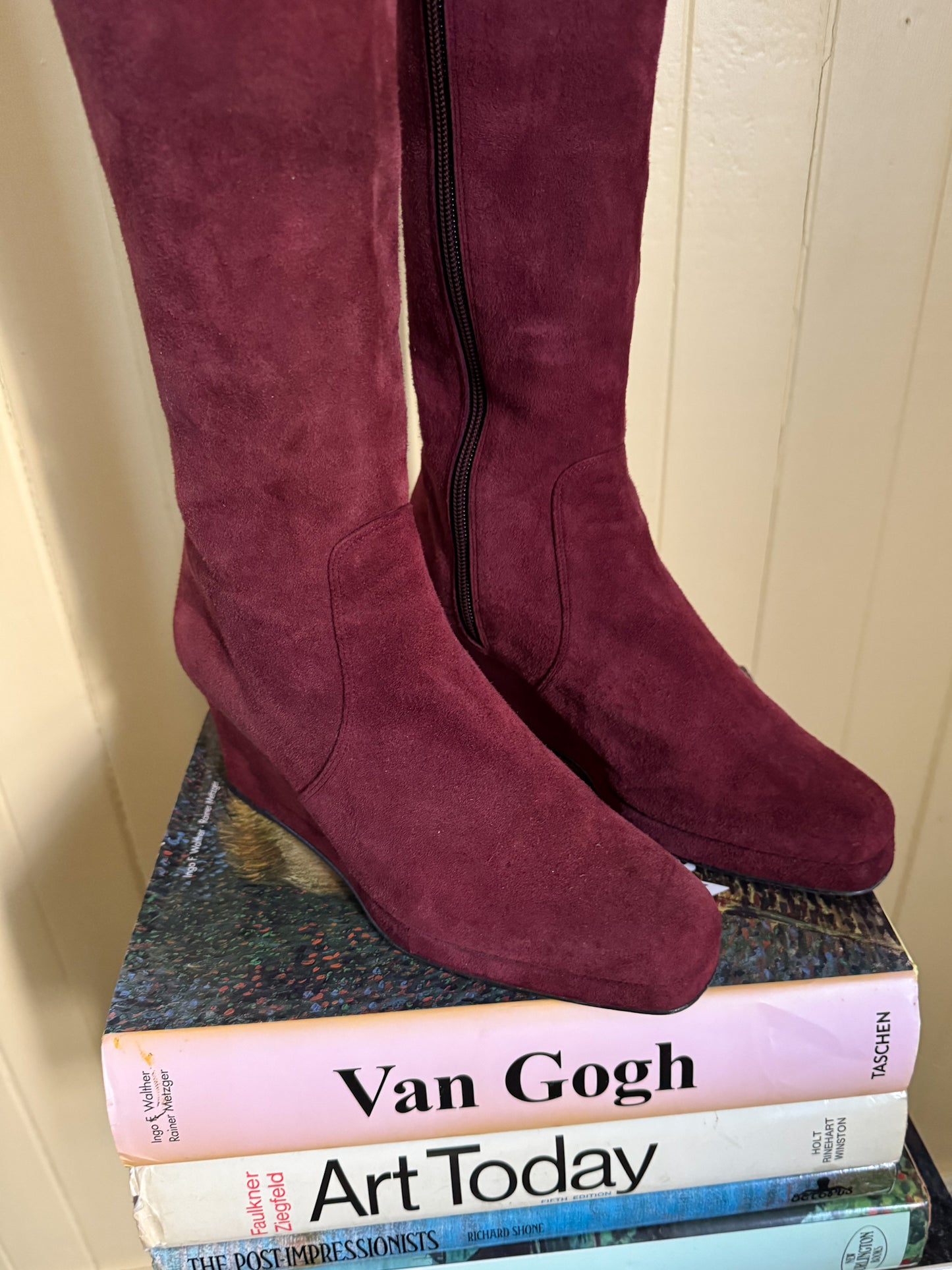 VINTAGE 1990S RARE BIBA PLUM SUEDE LEATHER KNEE HIGH WEDGE BOOTS 37/6