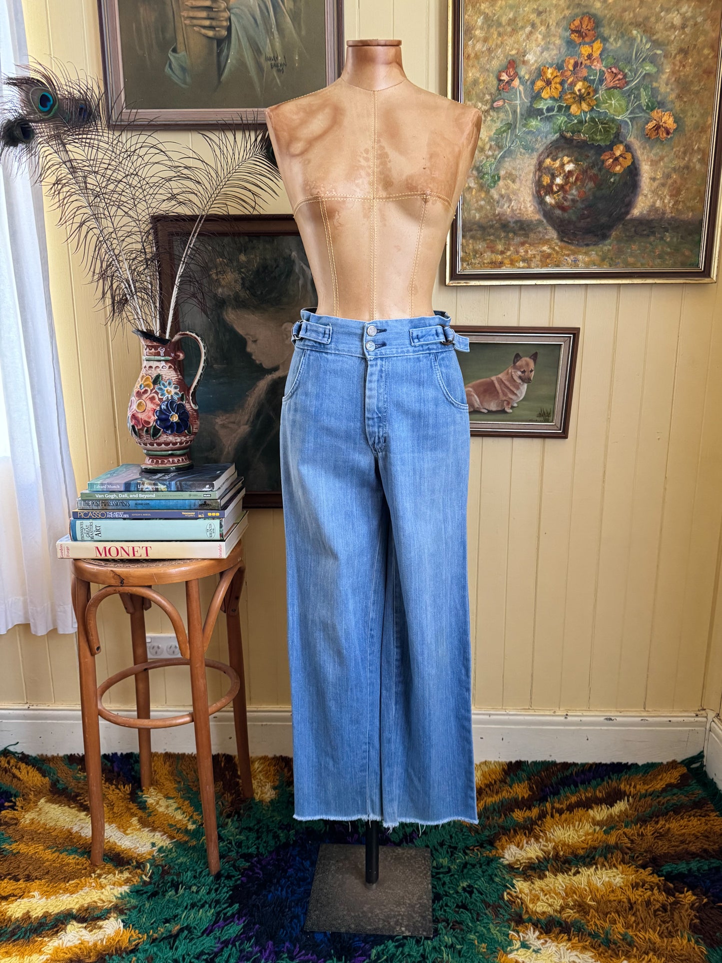 VINTAGE 1970S HARD YAKKA HIGH WAIST BUCKLE TAPERED LEG DENIM JEANS S