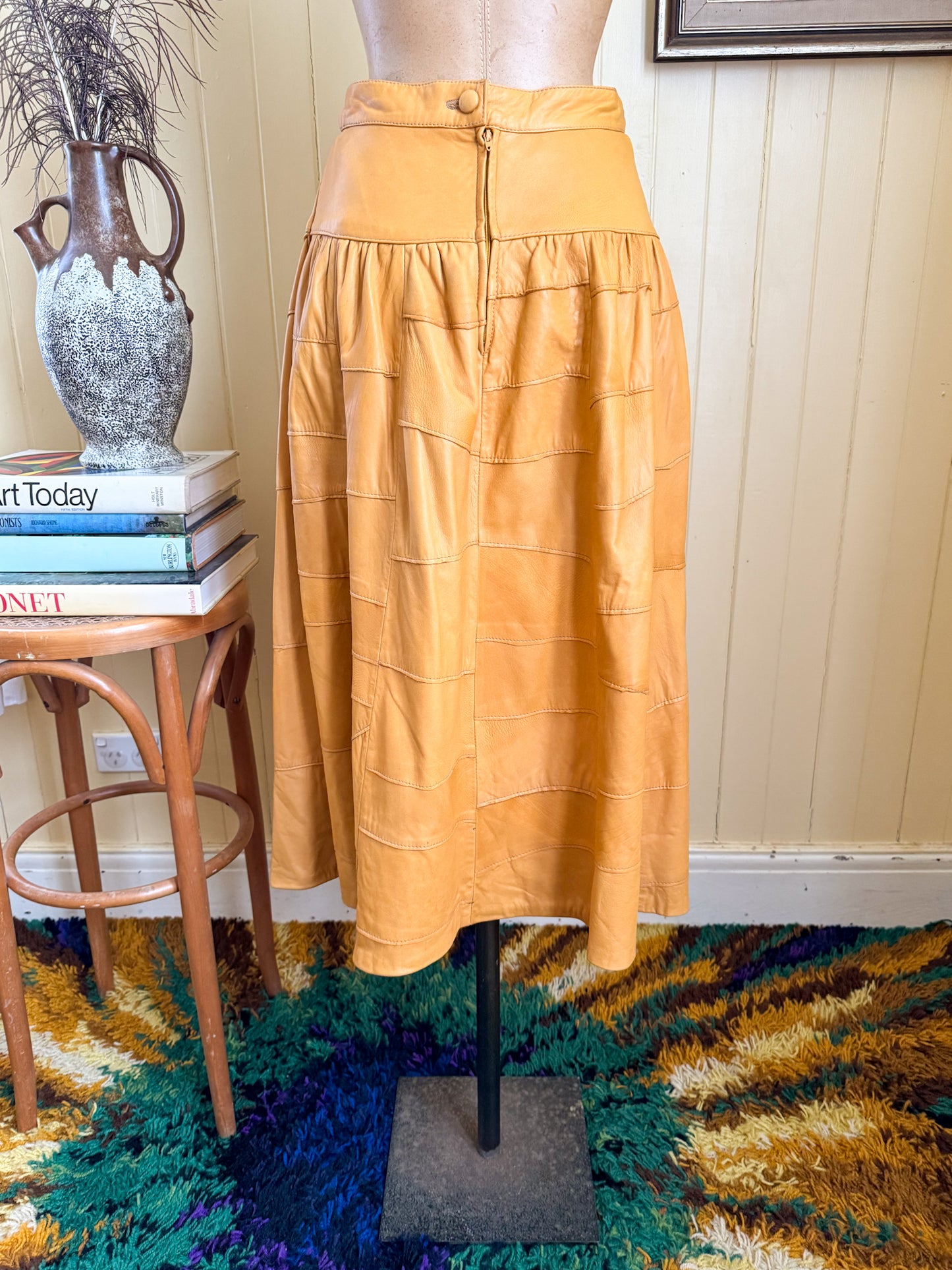 VINTAGE 1980S DRESKE SOMOFF YELLOW LEATHER PATCHWORK MIDI SKIRT XS