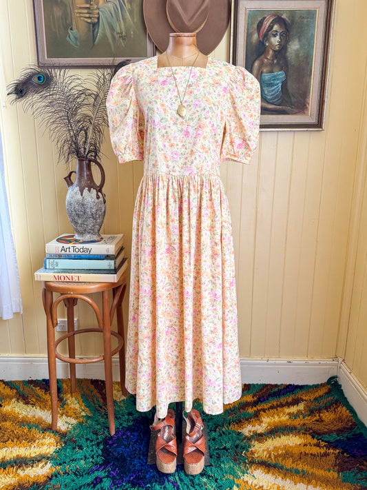 VINTAGE 1990S LAURA ASHLEY COTTON FLORAL PRINT PRAIRIE DRESS M/L