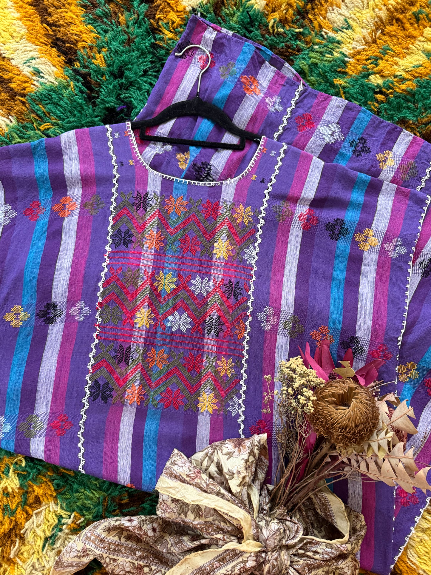 HANDMADE MEXICAN STRIPED WOVEN COTTON EMBROIDERED HUIPIL DRESS S/M/L