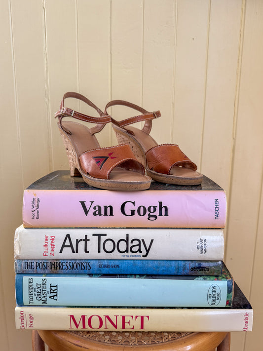 VINTAGE 1970S BRAZILIAN CONNIE LEATHER CORK WEDGE HEELED SANDALS 7N/38