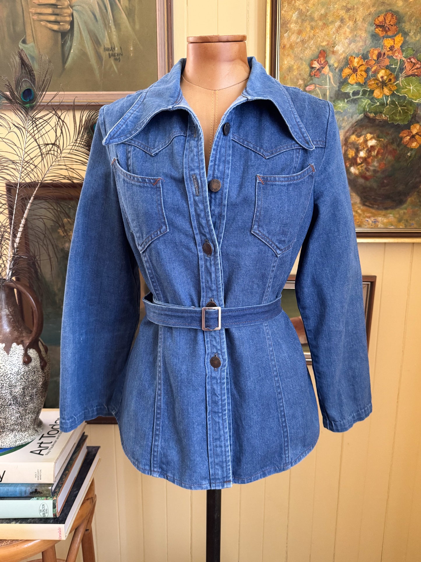VINTAGE 1970S TARGET BRADMILL COTTON DENIM FITTED BELTED SHIRT JACKET S/M