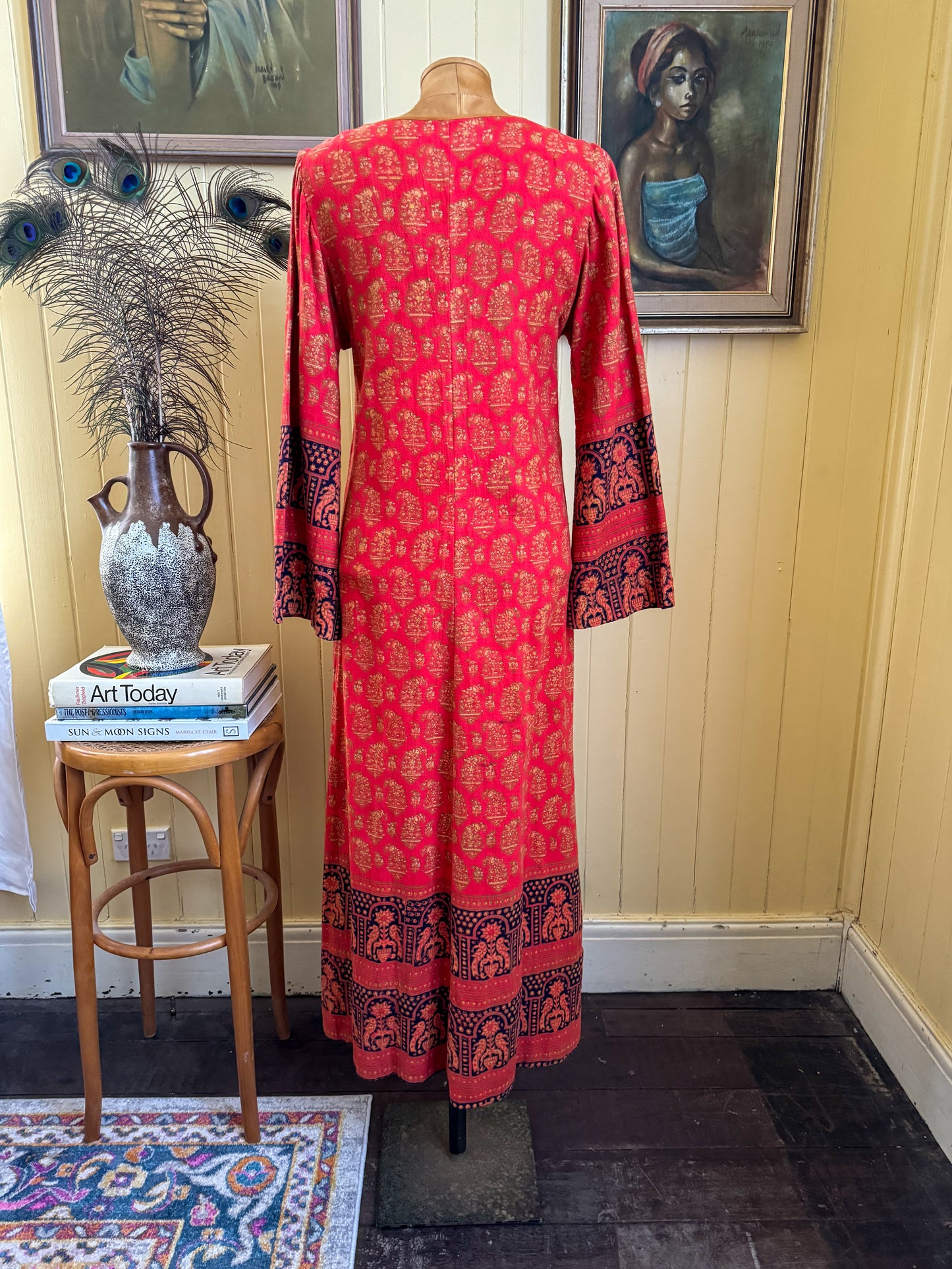 VINTAGE 1970S ANOKHI INDIAN COTTON BLOCK PRINTED MAXI KAFTAN S/M