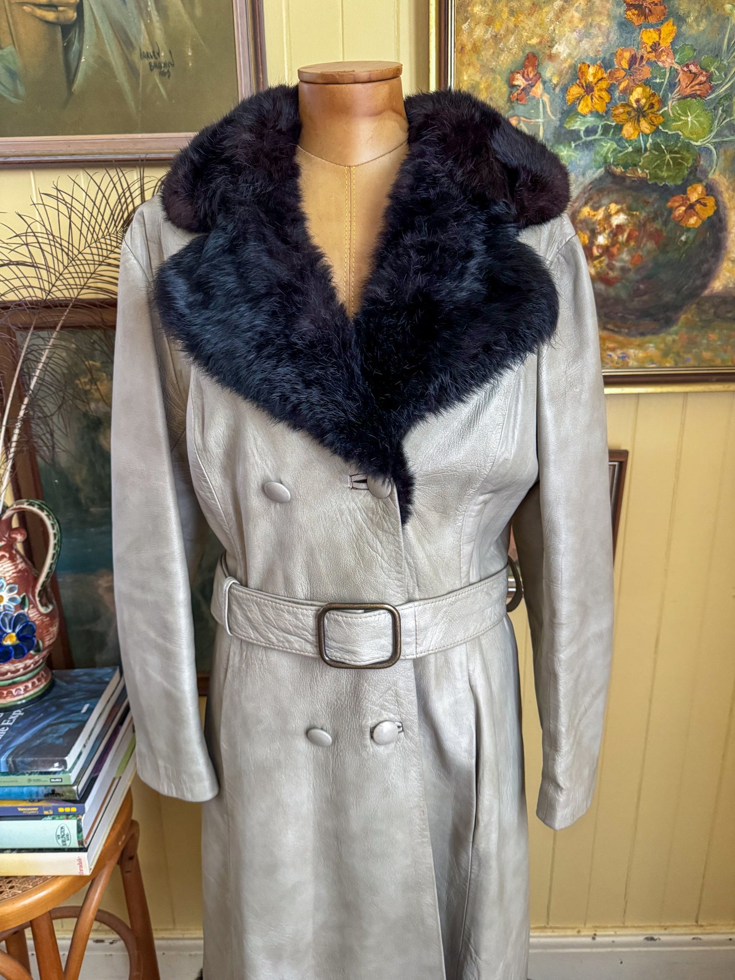 VINTAGE 1970S STEPHEN DATTNER LEATHER FUR TRIM PENNY LANE LONG COAT M/L