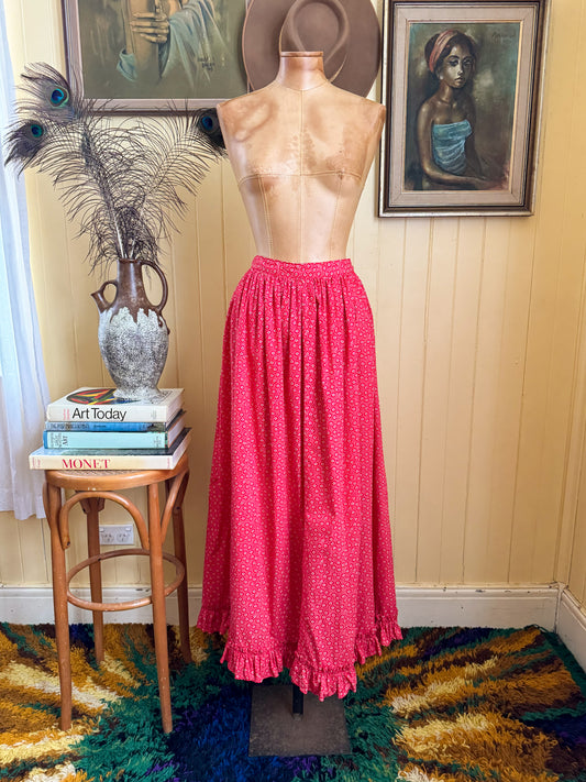 VINTAGE 1970S COTTON FLORAL PRINT PRAIRIE RUFFLE MAXI SKIRT M