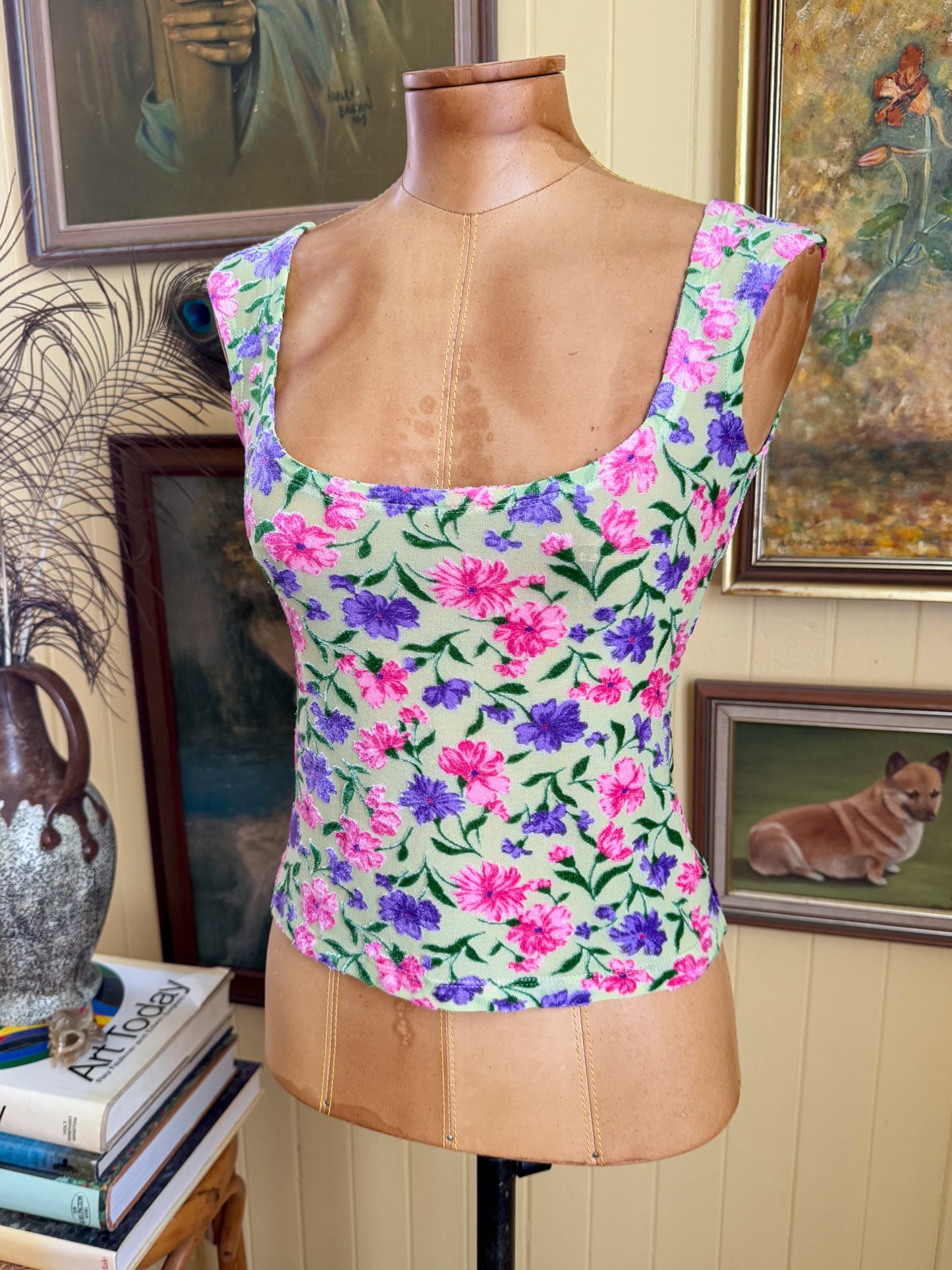 VINTAGE 1990S AUSTRALIAN PIERUCCI FLORAL VELVET BURNOUT TANK TOP S