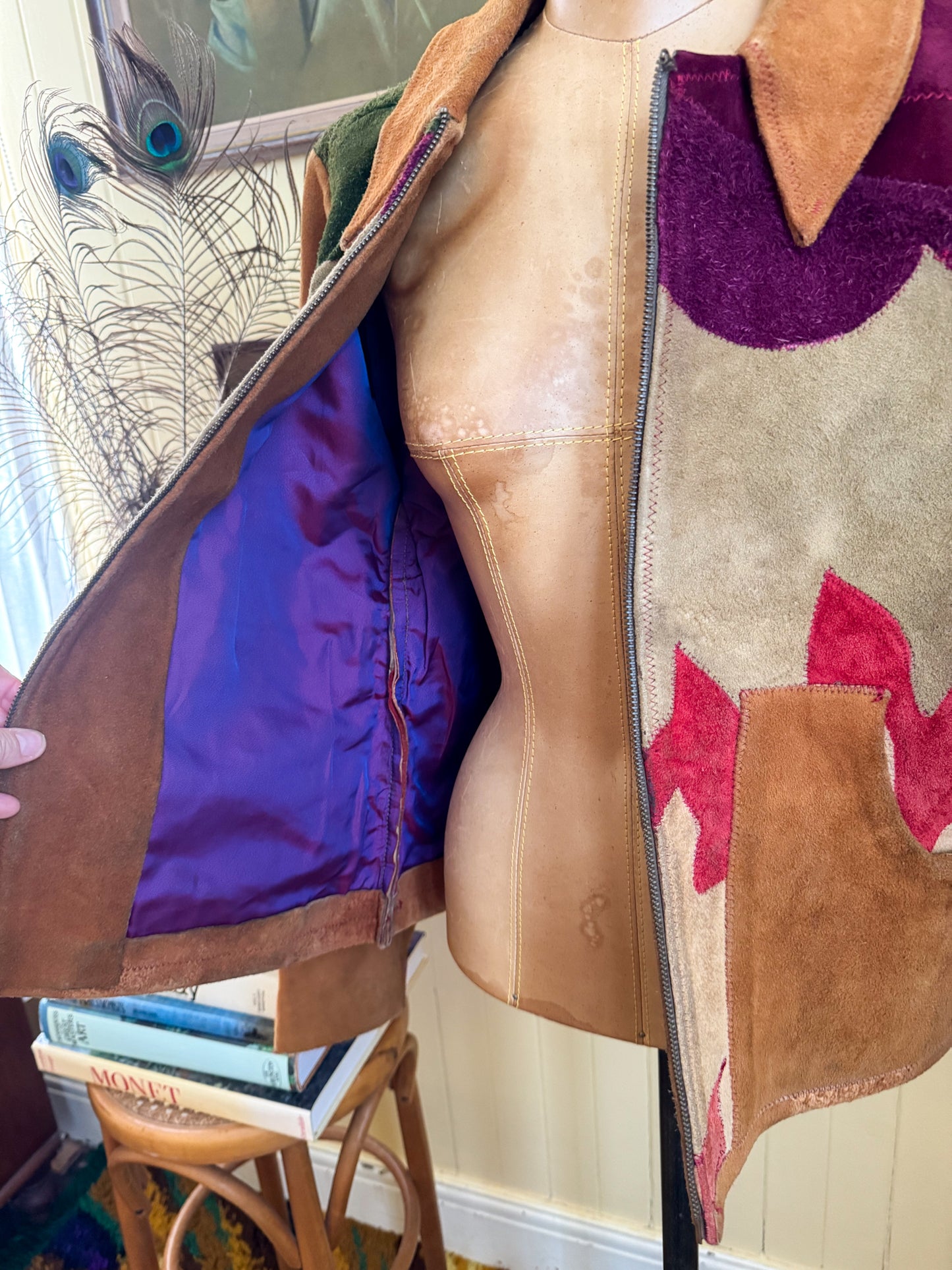 VINTAGE 1970S RARE BURRAY OLSON HAND PAINTED SUN PATCHWORK SUEDE LEATHER JACKET M