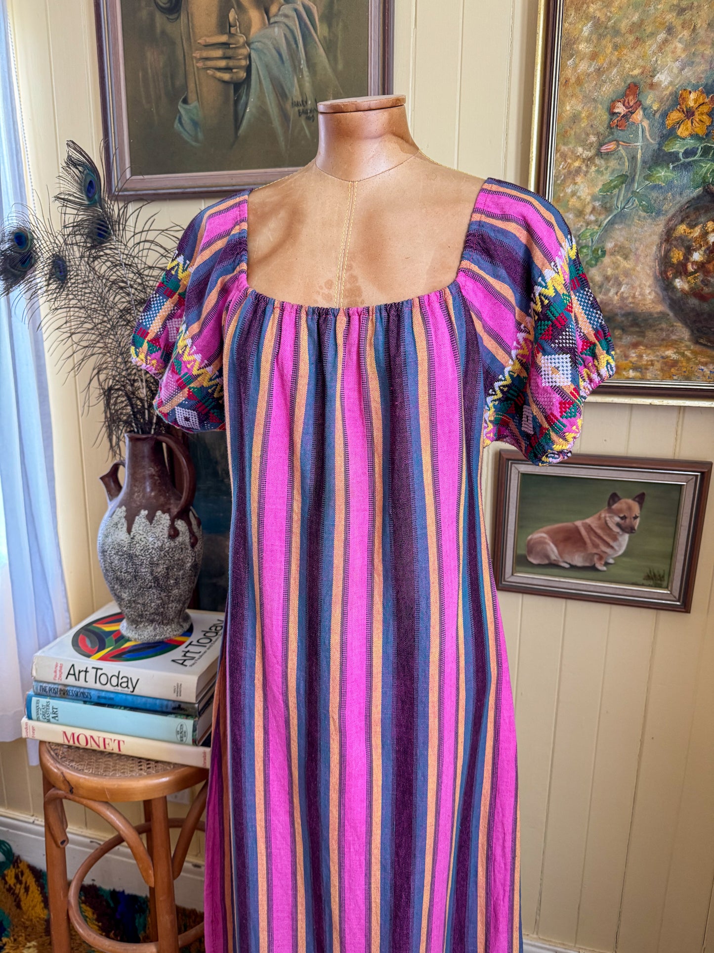 VINTAGE COTTON HANDWOVEN GUATEMALAN STRIPED EMBROIDERED MAXI DRESS M