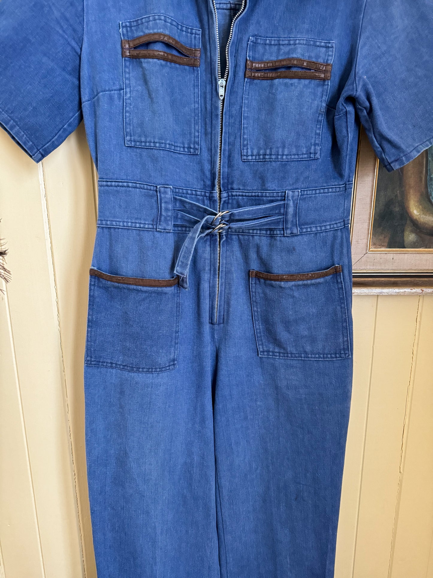 VINTAGE 1970S CLOUDS COTTON DENIM WIDE LEG JUMPSUIT XS/S