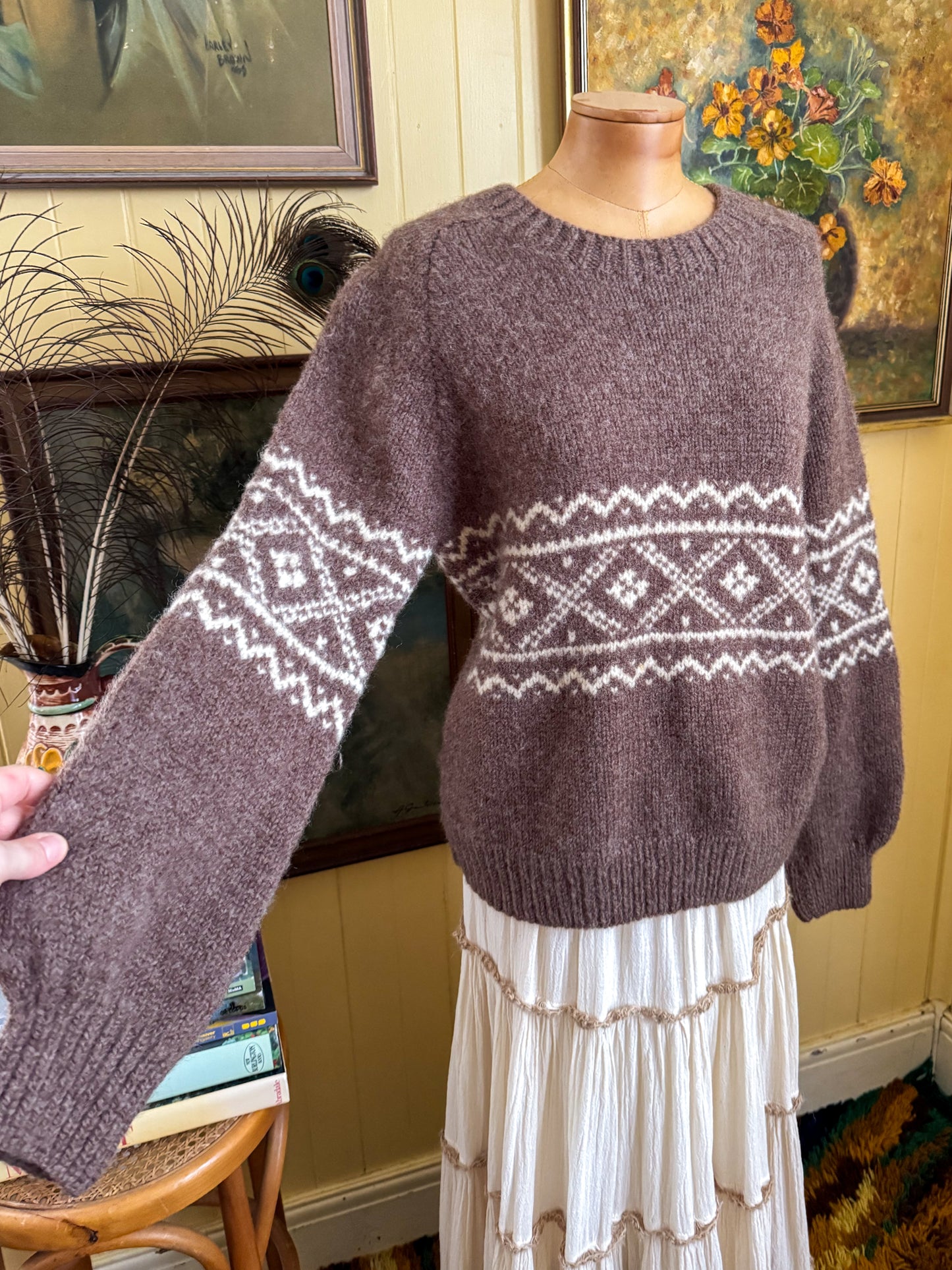VINTAGE HANDMADE COCOA BROWN WOOLLEN MOTIF KNIT JUMPER S/M