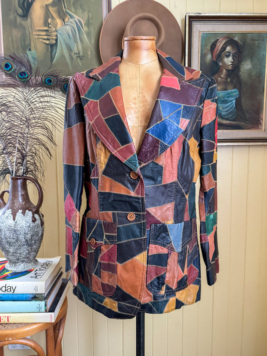 VINTAGE 1970S THE TANNERY KOREAN PATCHWORK LEATHER BLAZER JACKET M