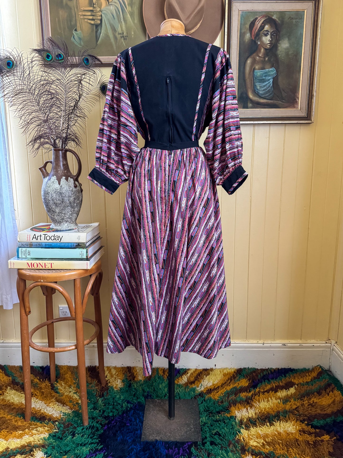 VINTAGE 1970S ORIGIN BY LIBERTY COTTON GEO PRINT BALLOON SLEEVE PRAIRIE DRESS S