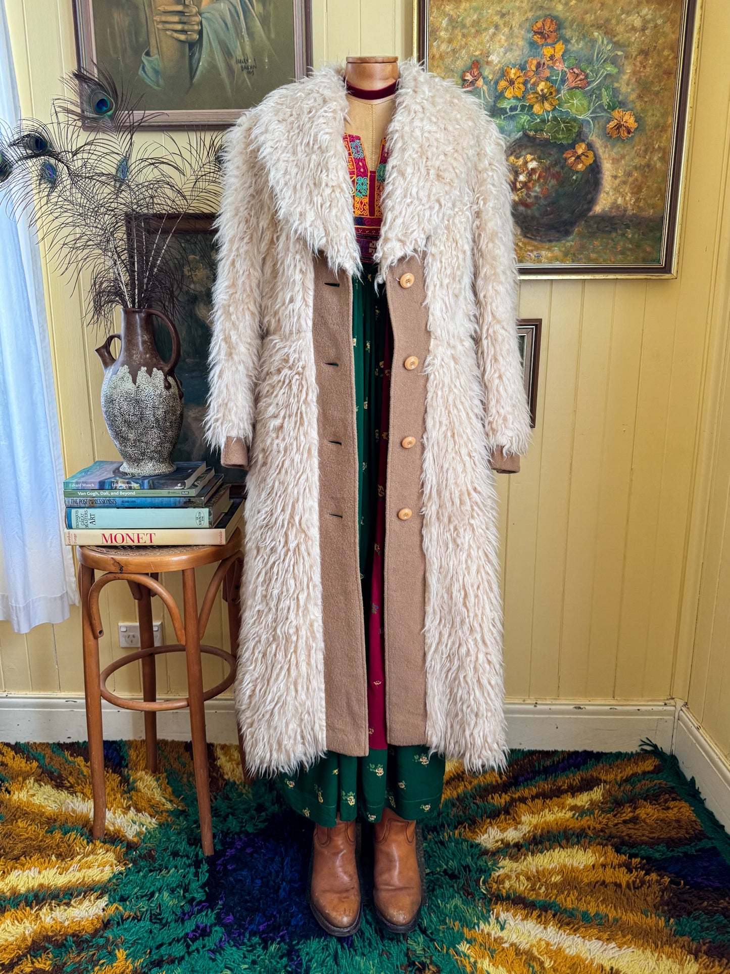 VINTAGE 1970S EAST GERMAN FLOKATI WOOL LONGLINE PENNY LANE COAT S/M