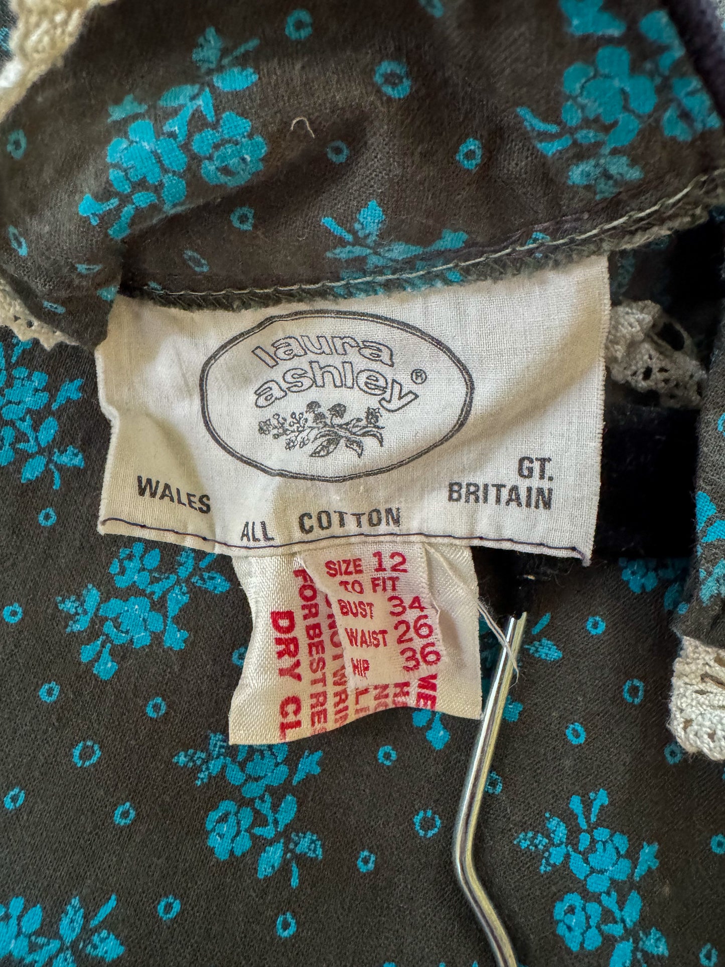 VINTAGE 1970S RARE LAURA ASHLEY WALES COTTON PRAIRIE MIDI DRESS S