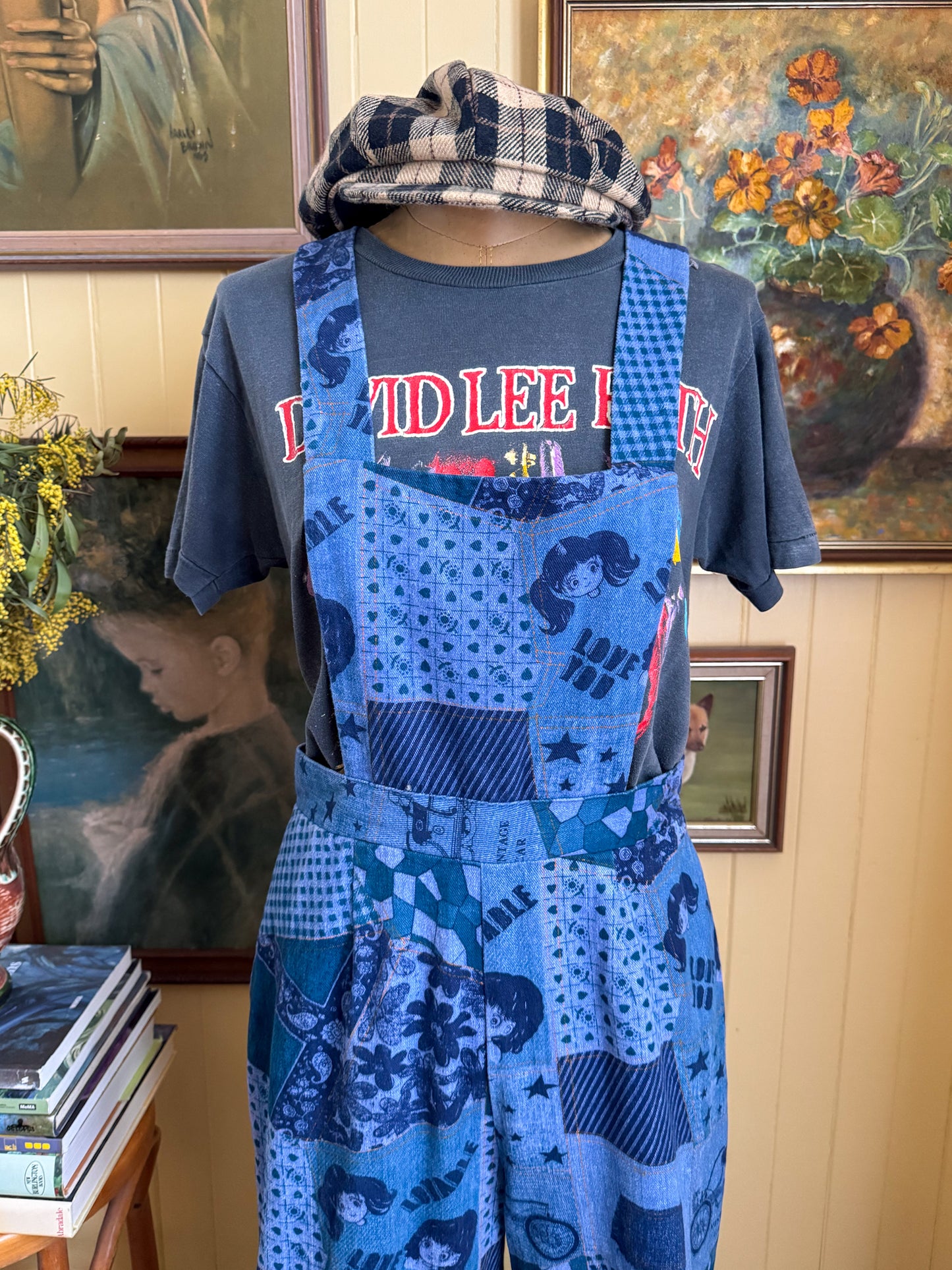 VINTAGE 1970S TRIKKELS COTTON DENIM NOVELTY PRINT WIDE LEG DUNGAREES OVERALLS S/M