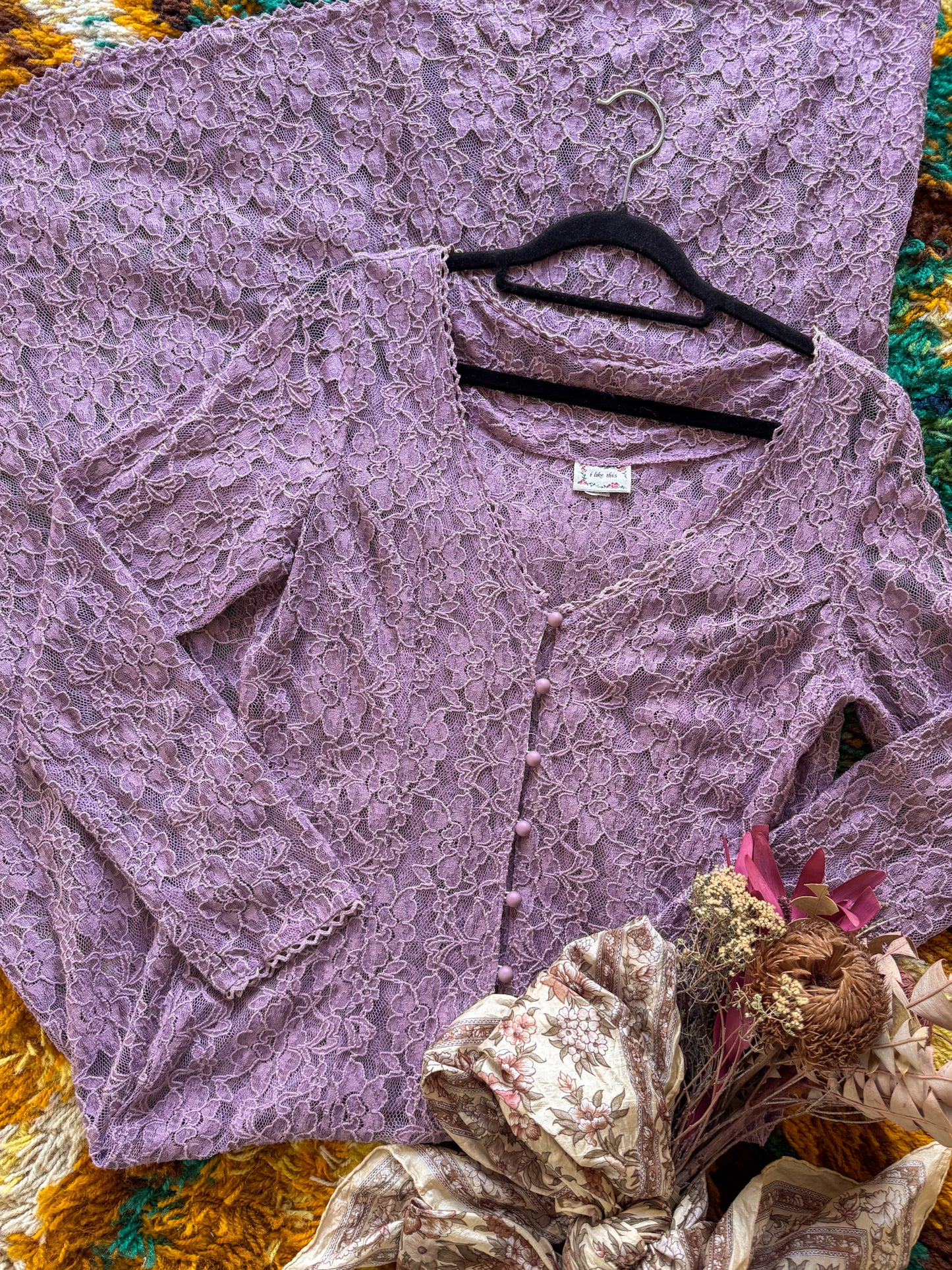 VINTAGE 1990S MAUVE LACE LONG SLEEVE MAXI DUSTER DRESS M/L