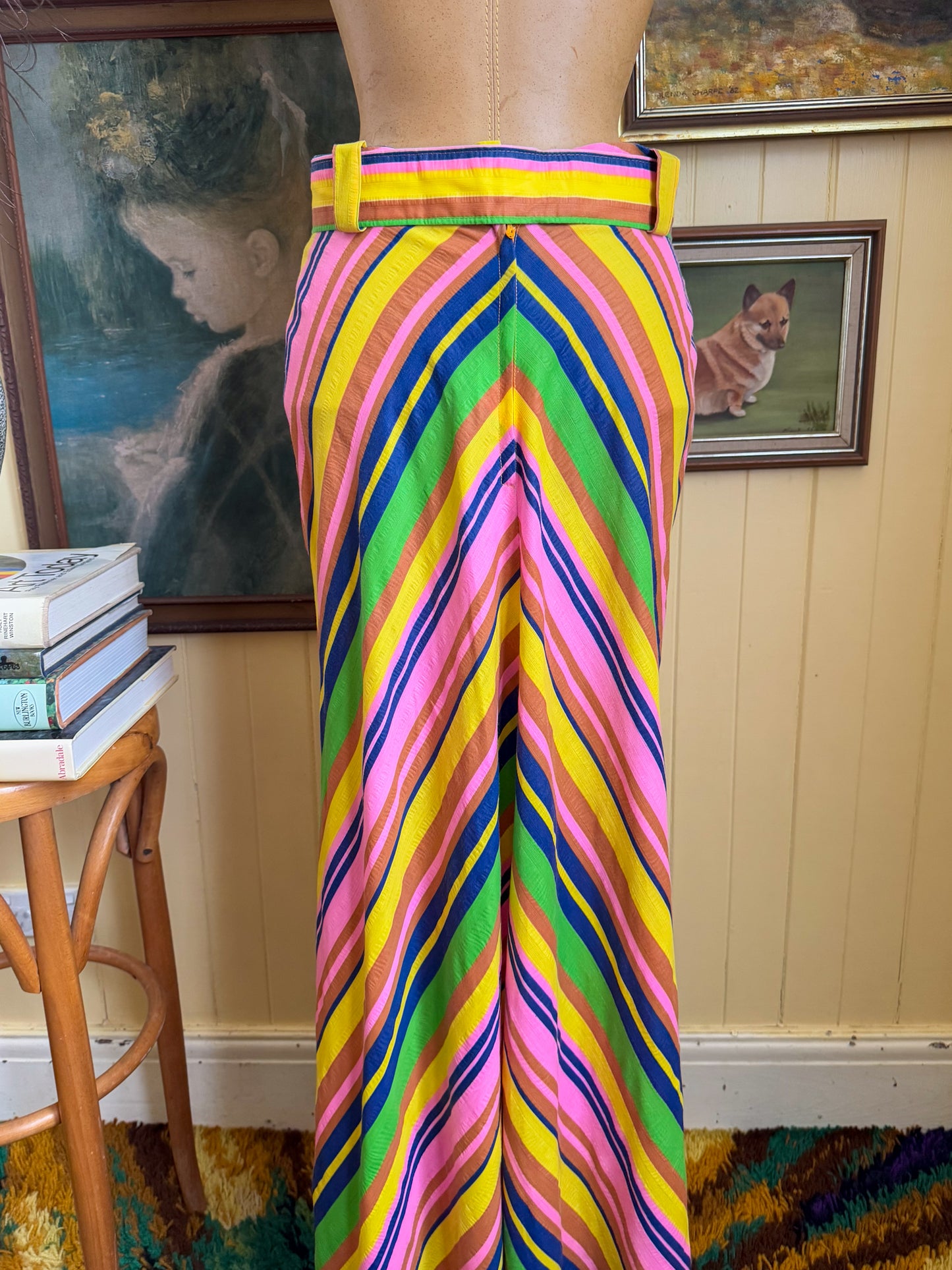 VINTAGE 1970S LONDON BOUTIQUE COTTON RAINBOW STRIPED BELTED MAXI SKIRT S/M