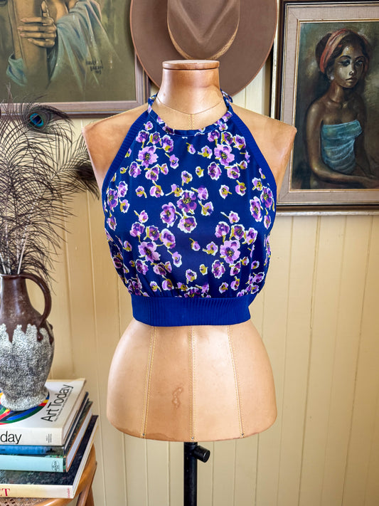 VINTAGE 1970S FINLAW NYLON FLORAL PRINT HALTERNECK CROP TOP XS/S