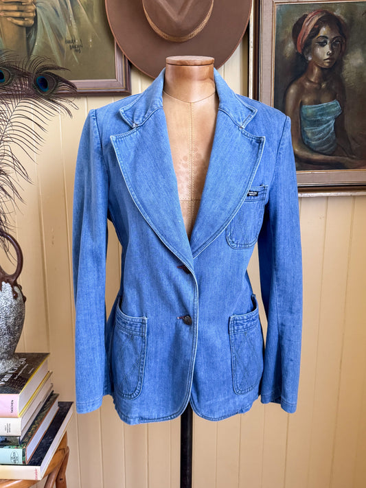 VINTAGE 1970S WALCO COTTON DENIM FITTED BLAZER JACKET S/M